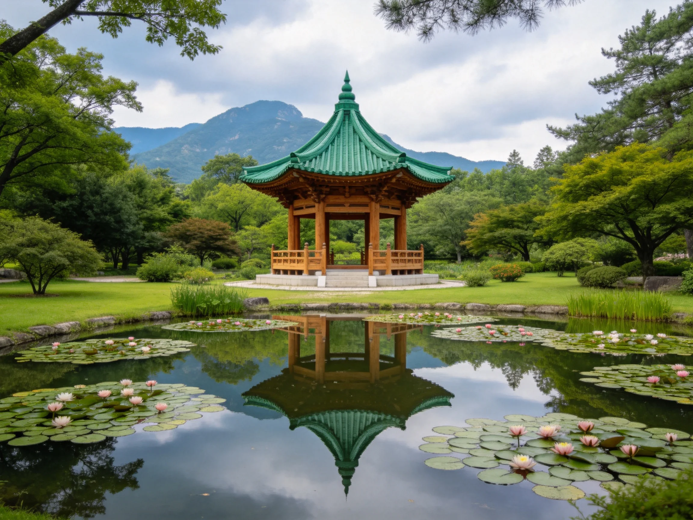 A green-roofed traditional pavilion reflects in a lily-filled pond amid forested mountains