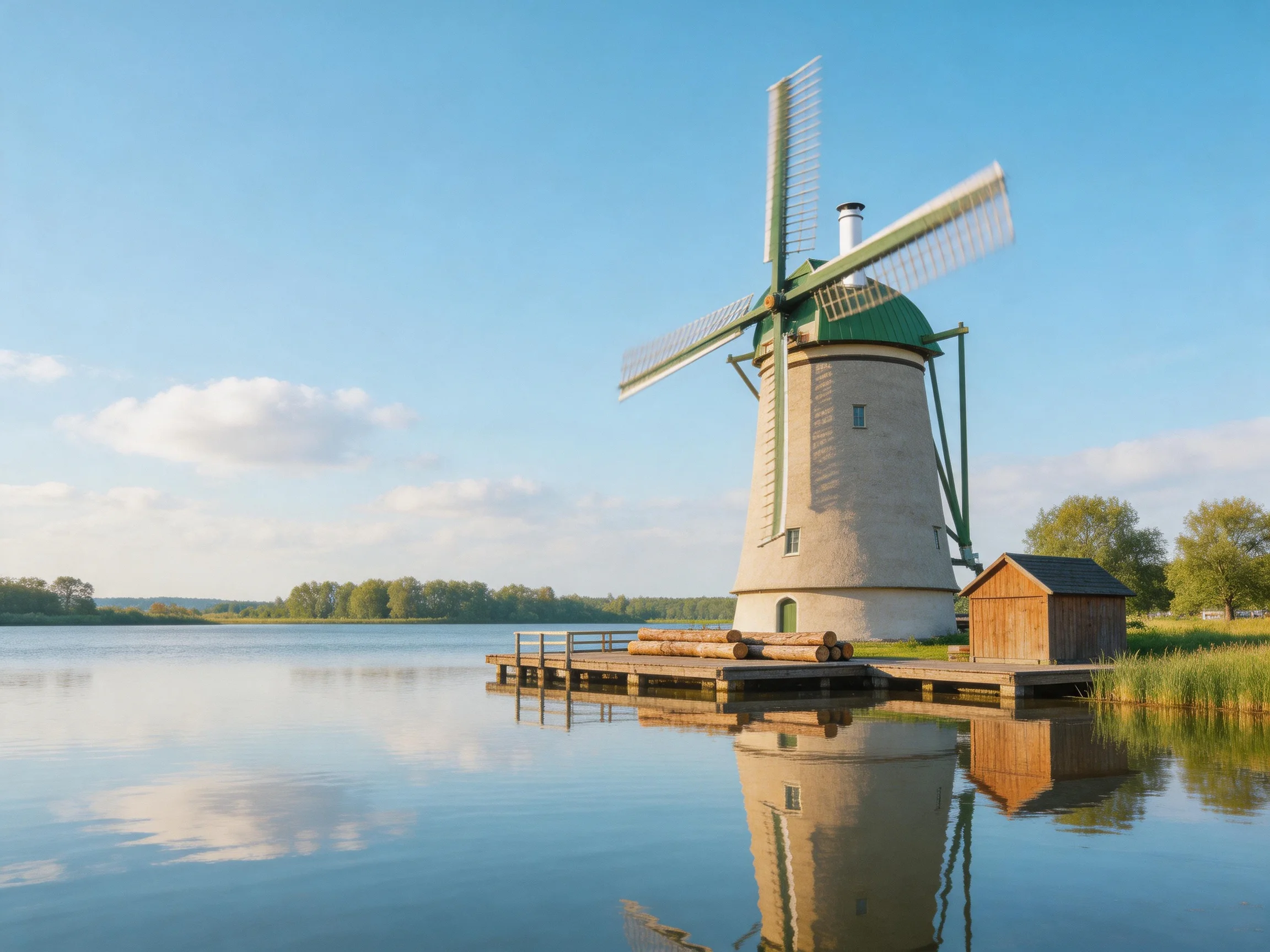 A green-roofed windmill by calm waters with a wooden dock