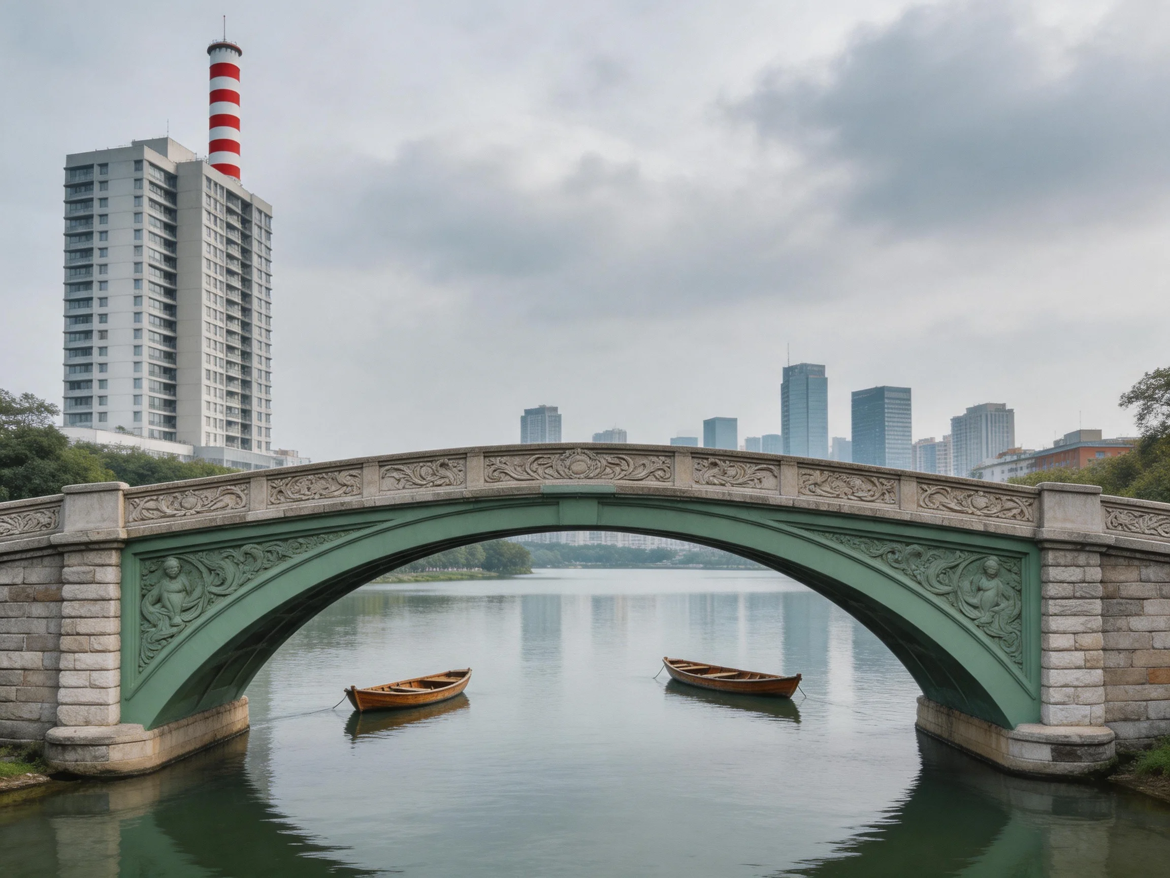 A green stone arch bridge spans calm water with two wooden boats