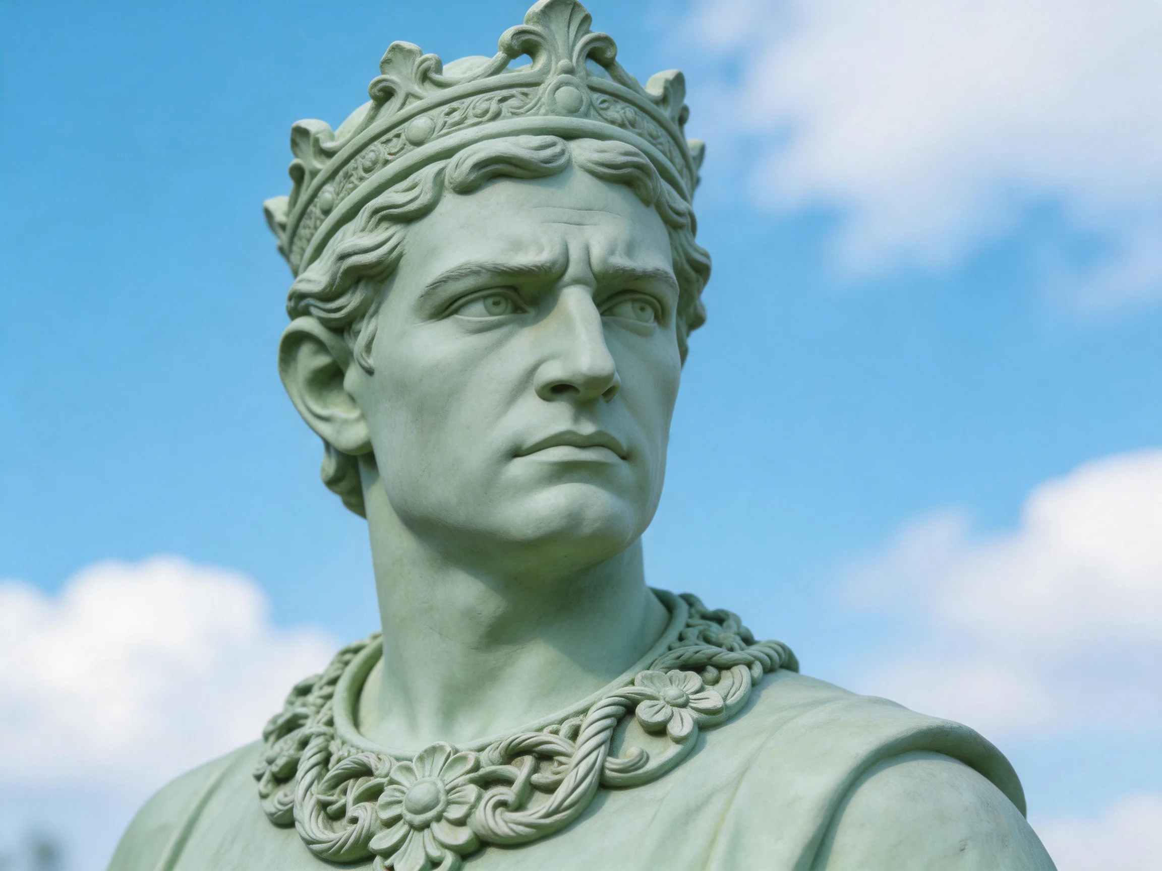 A green stone statue of a crowned historical figure with ornate jewelry under a clear blue sky