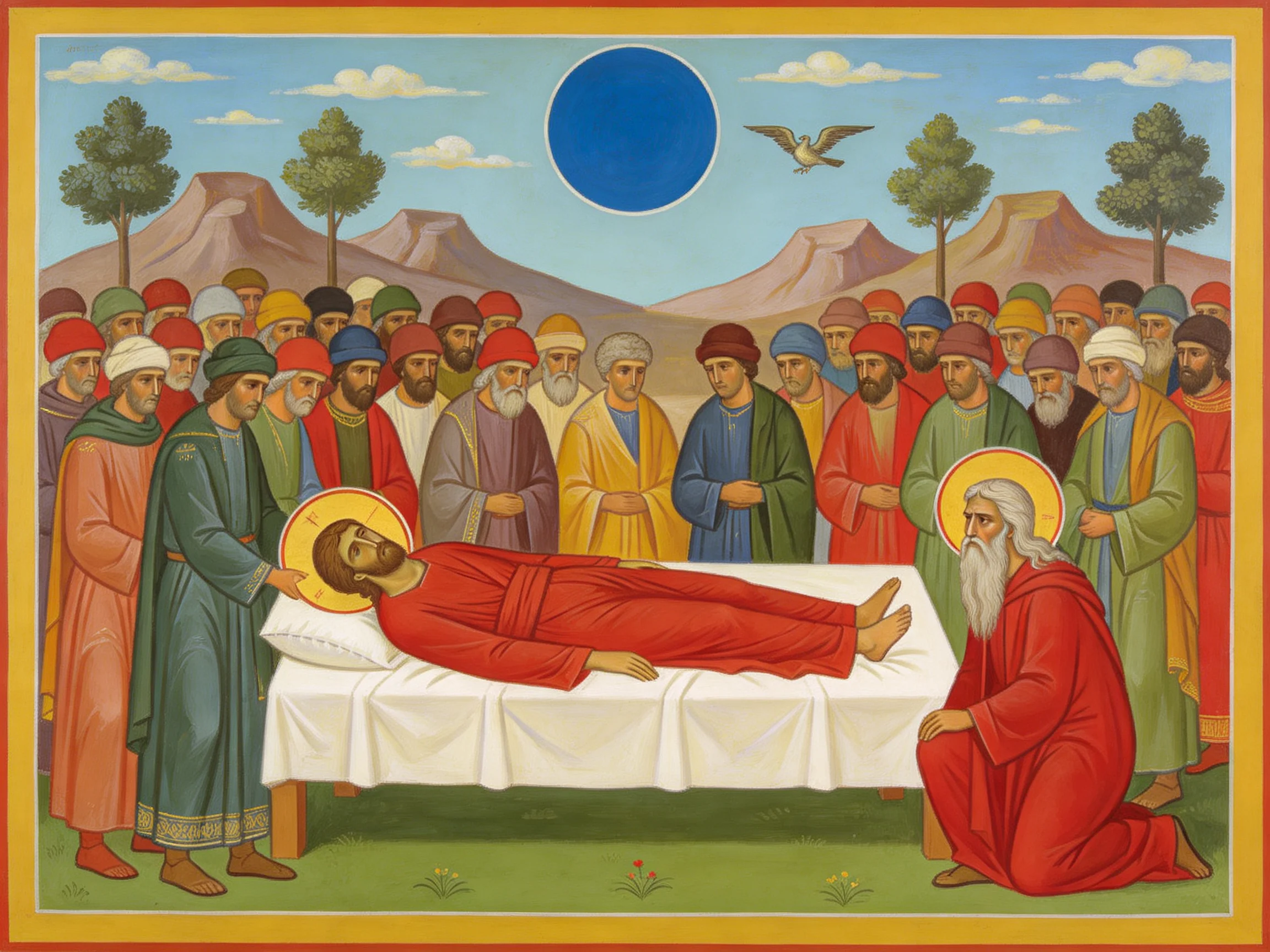 A group of robed figures surrounds a red-clad individual on a white bed