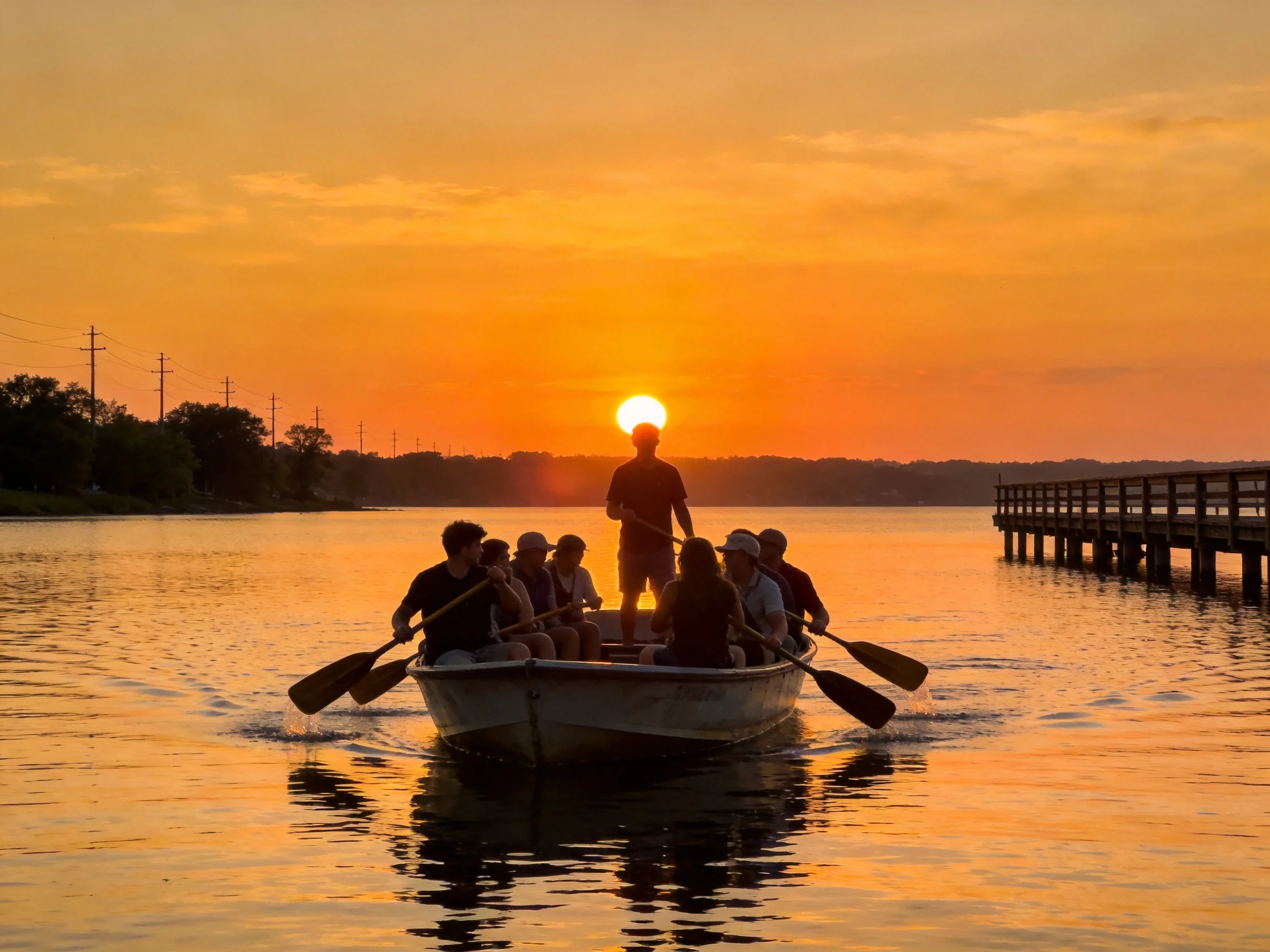 A group paddles a boat during a vibrant orange sunset over calm waters