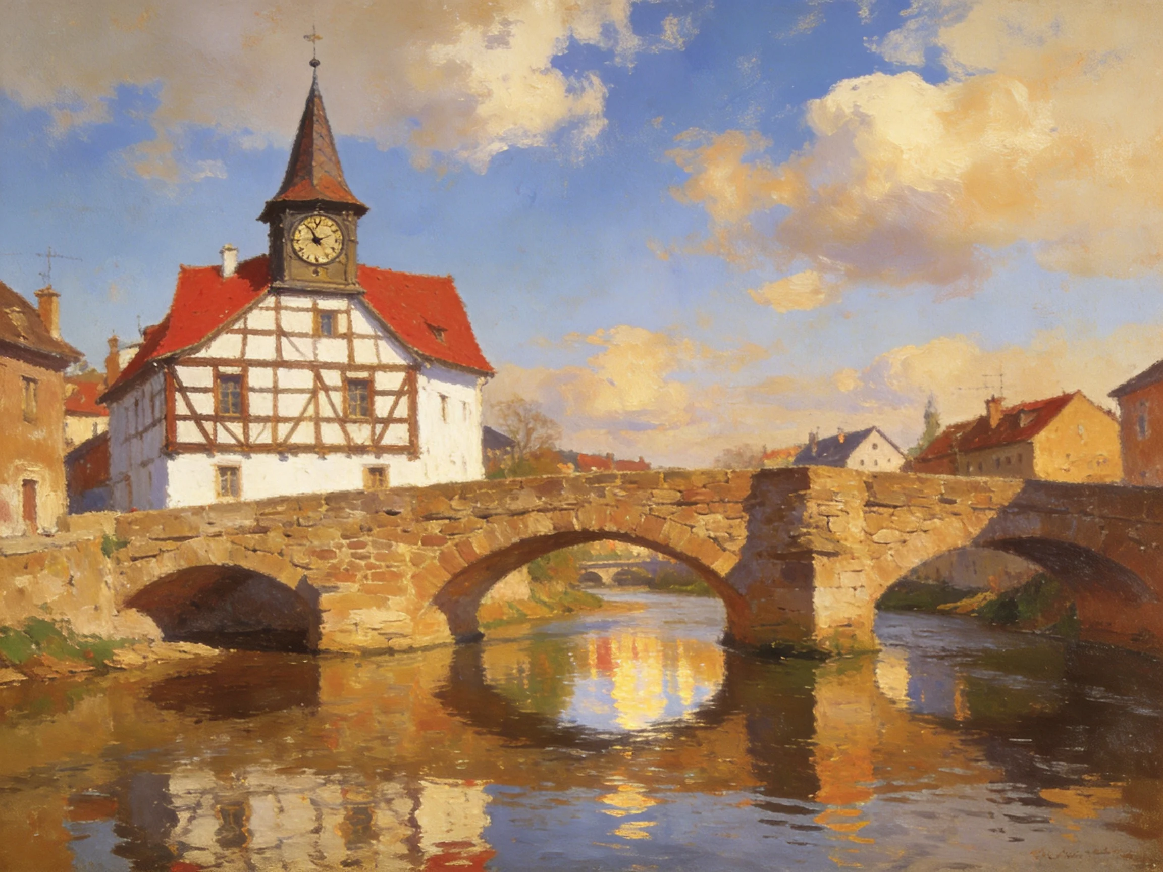 A half - timbered clock tower building by stone bridge over calm water