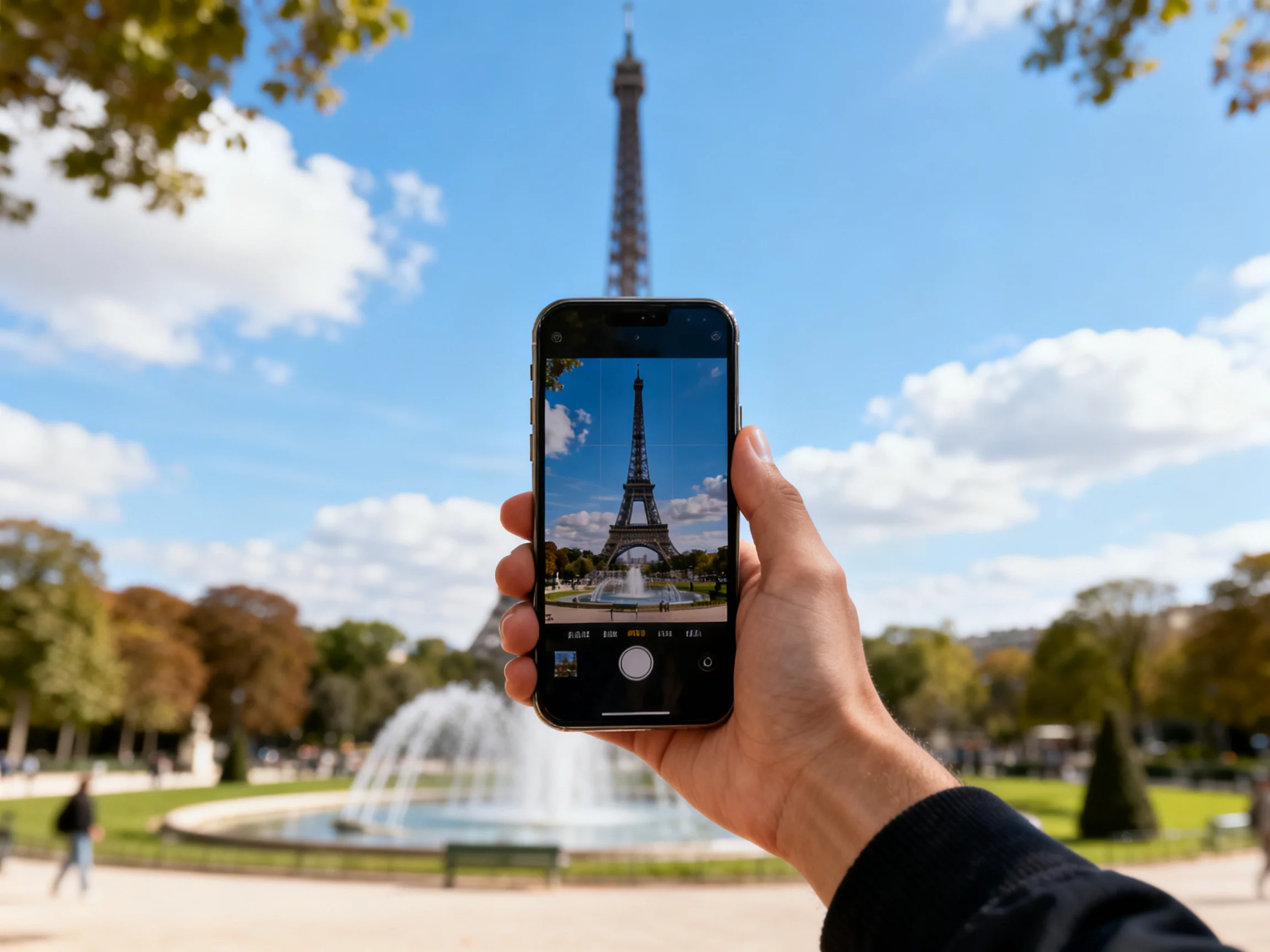 A hand holds a smartphone photographing the Eiffel Tower from a Parisian park