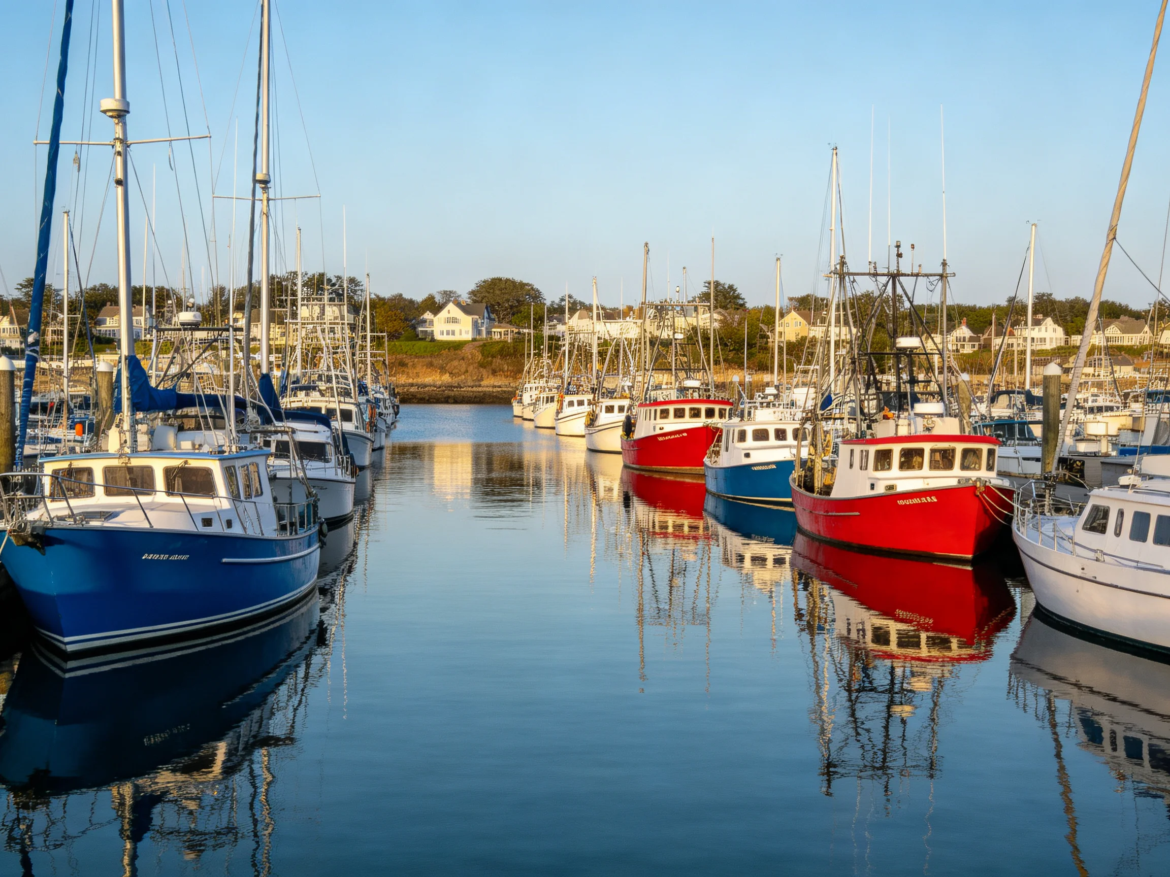 A harbor with numerous colorful fishing boats and sailboats