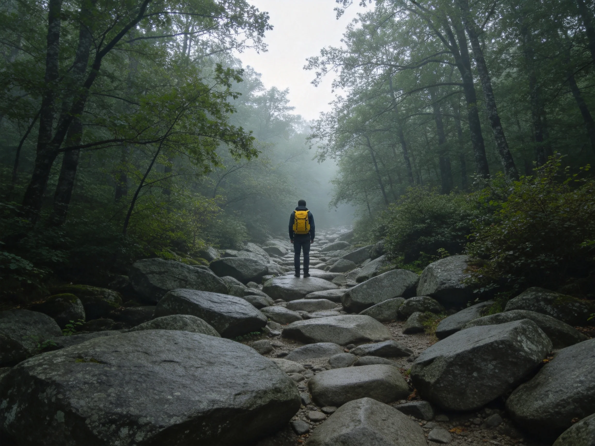 A hiker with a bright yellow backpack walks on a boulder-strewn path amid a foggy forest