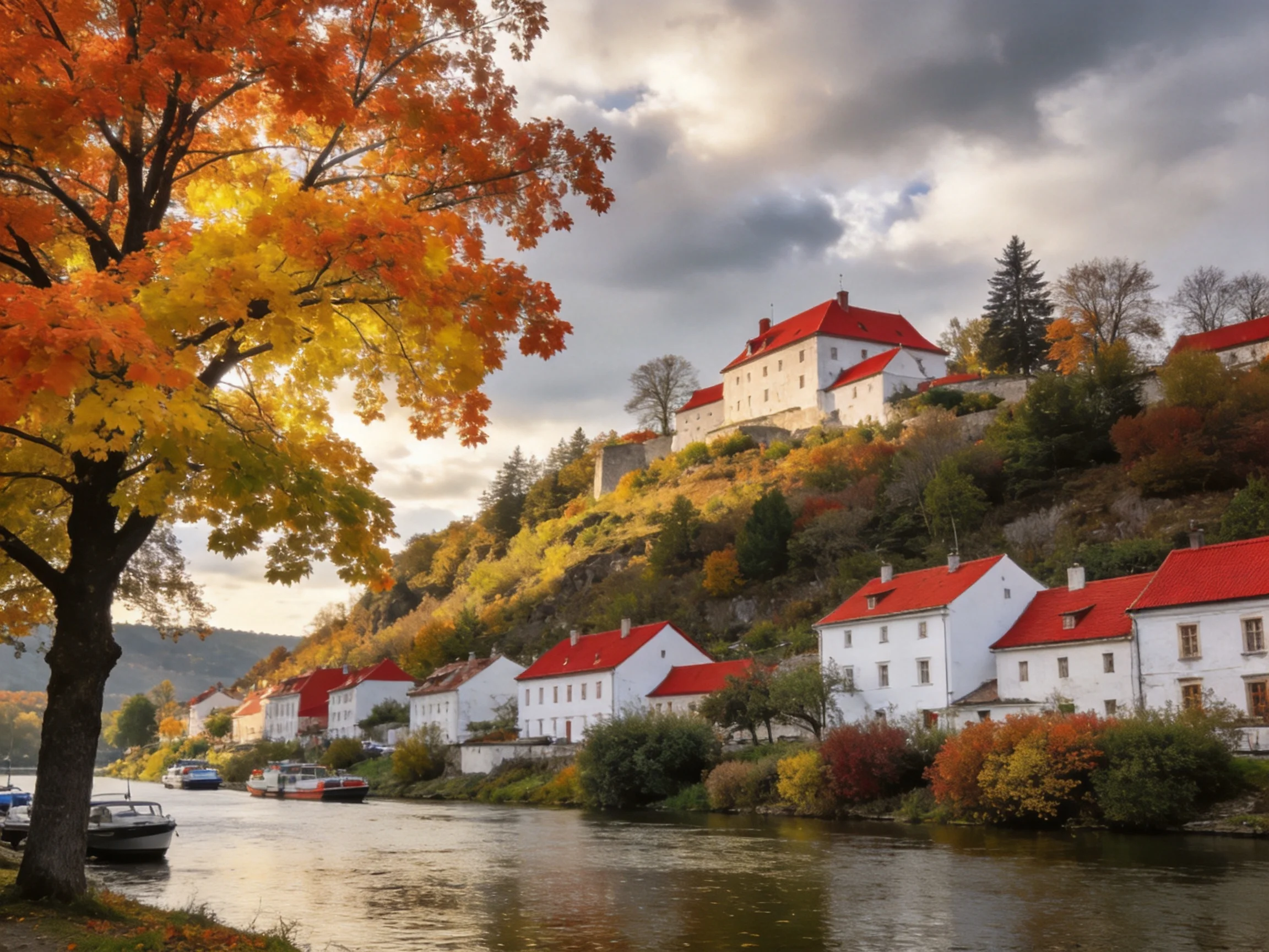 A hilltop castle with red roofs overlooks a river-side village in autumn
