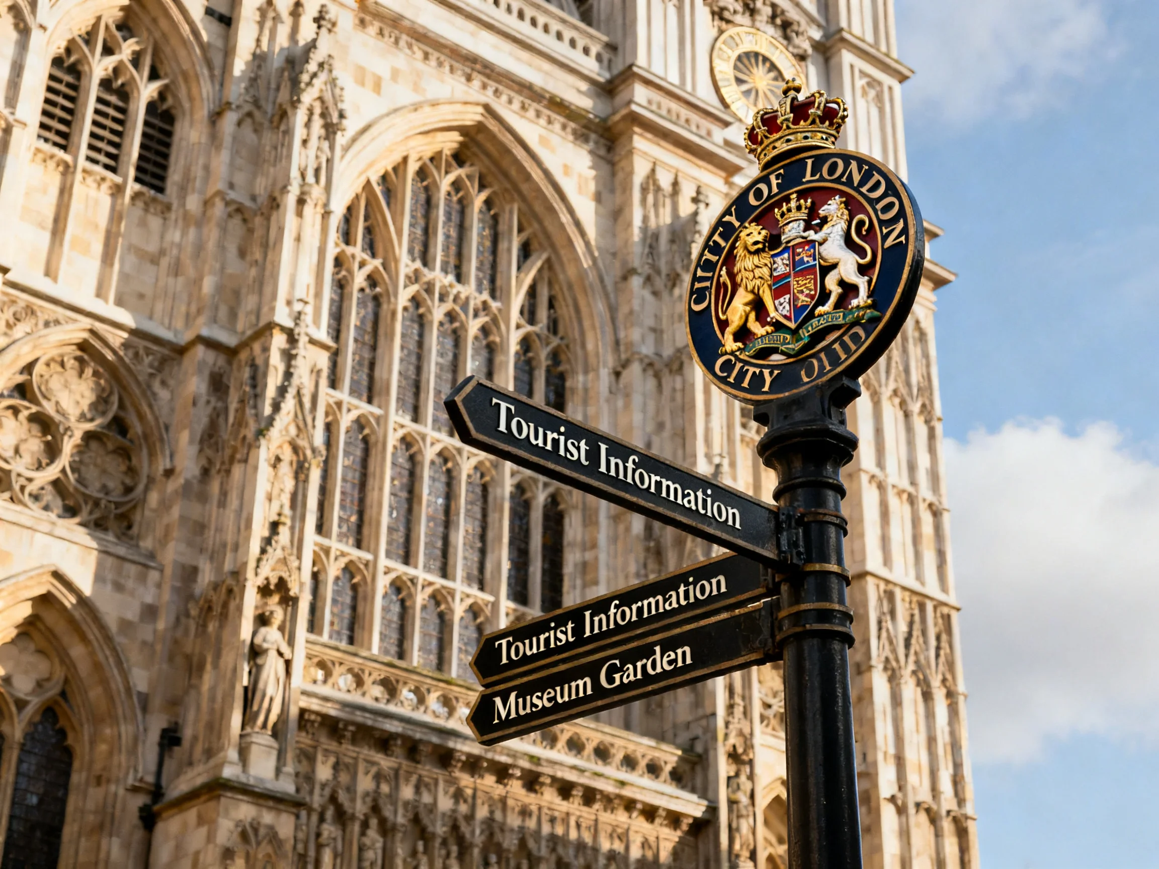 A historic Gothic stone building with a City of London signpost