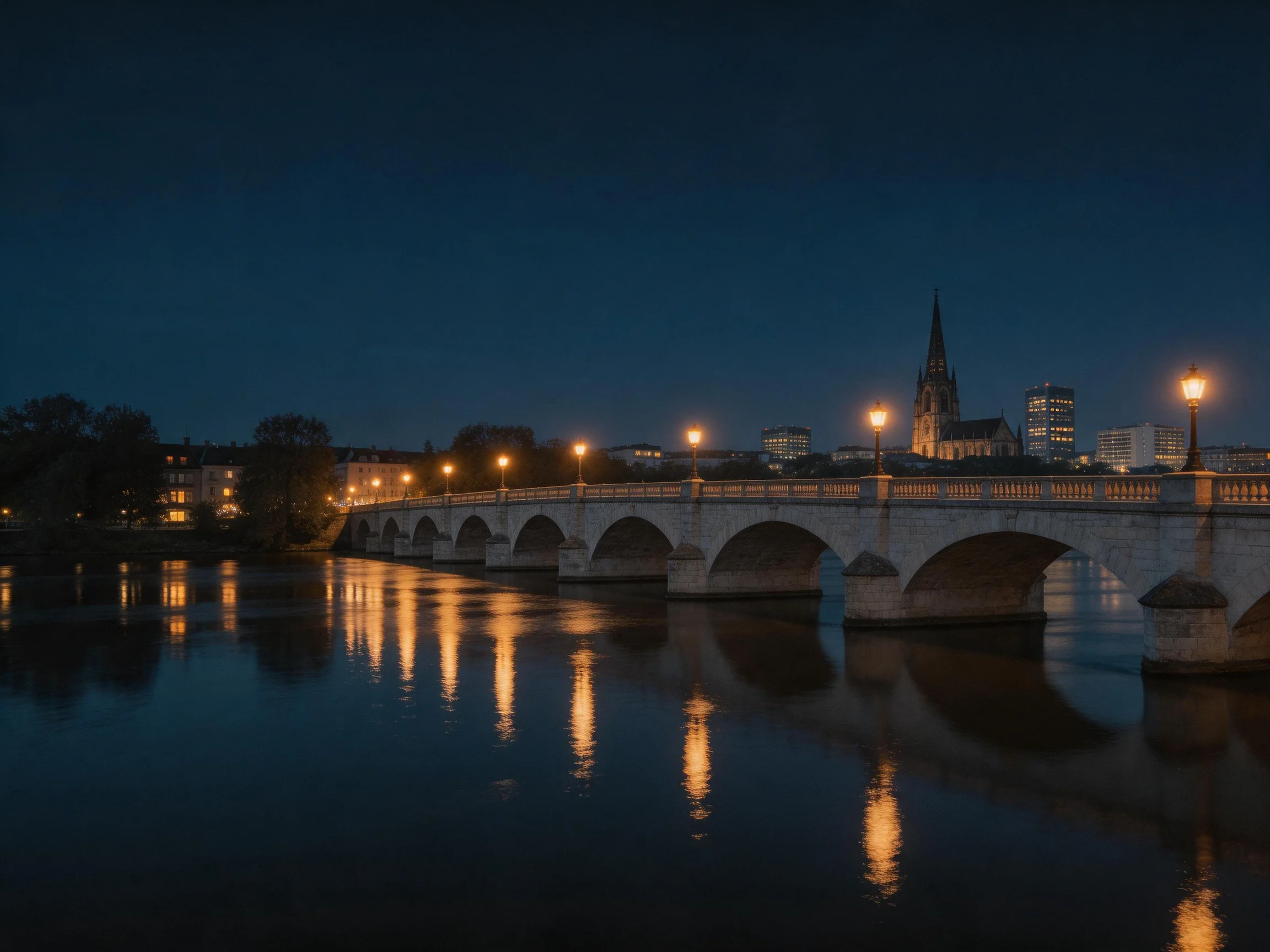 A historic arch bridge spans calm water under a deep blue evening sky