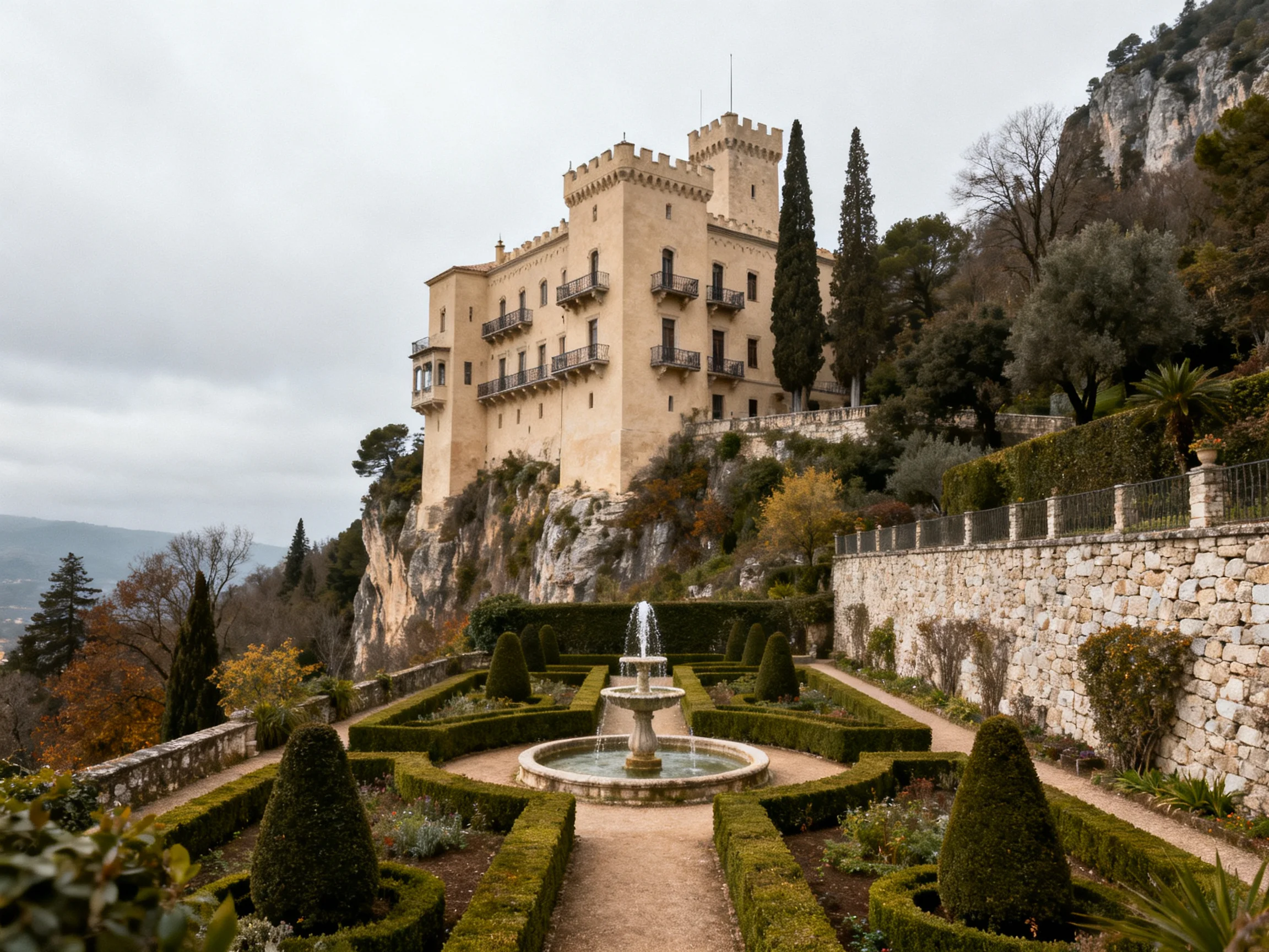 A historic beige castle perched atop a rocky cliffside