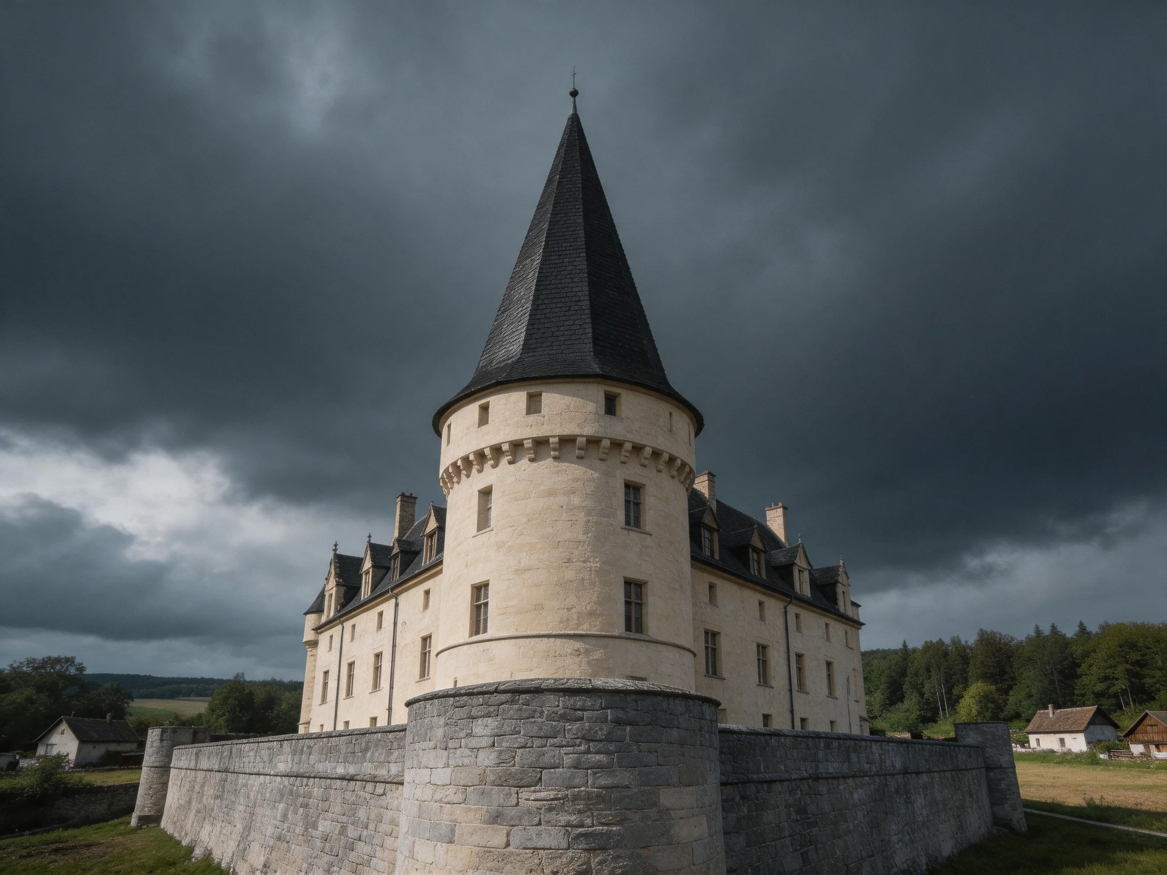 A historic beige castle with a black conical tower under stormy skies