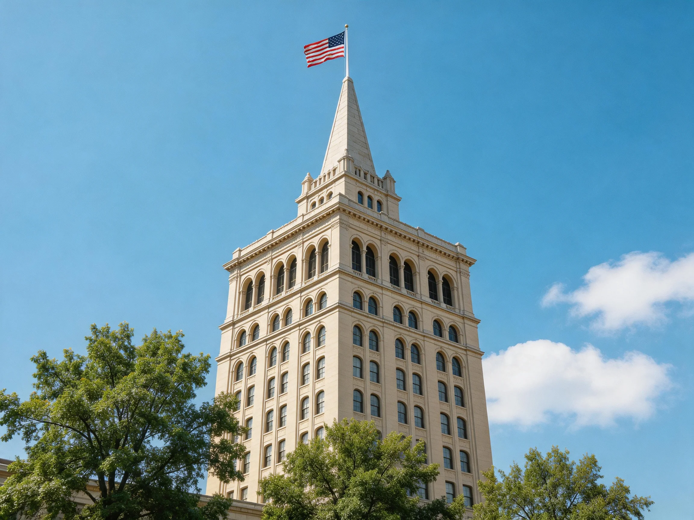 A historic beige tower with an American flag atop, under a clear blue sky
