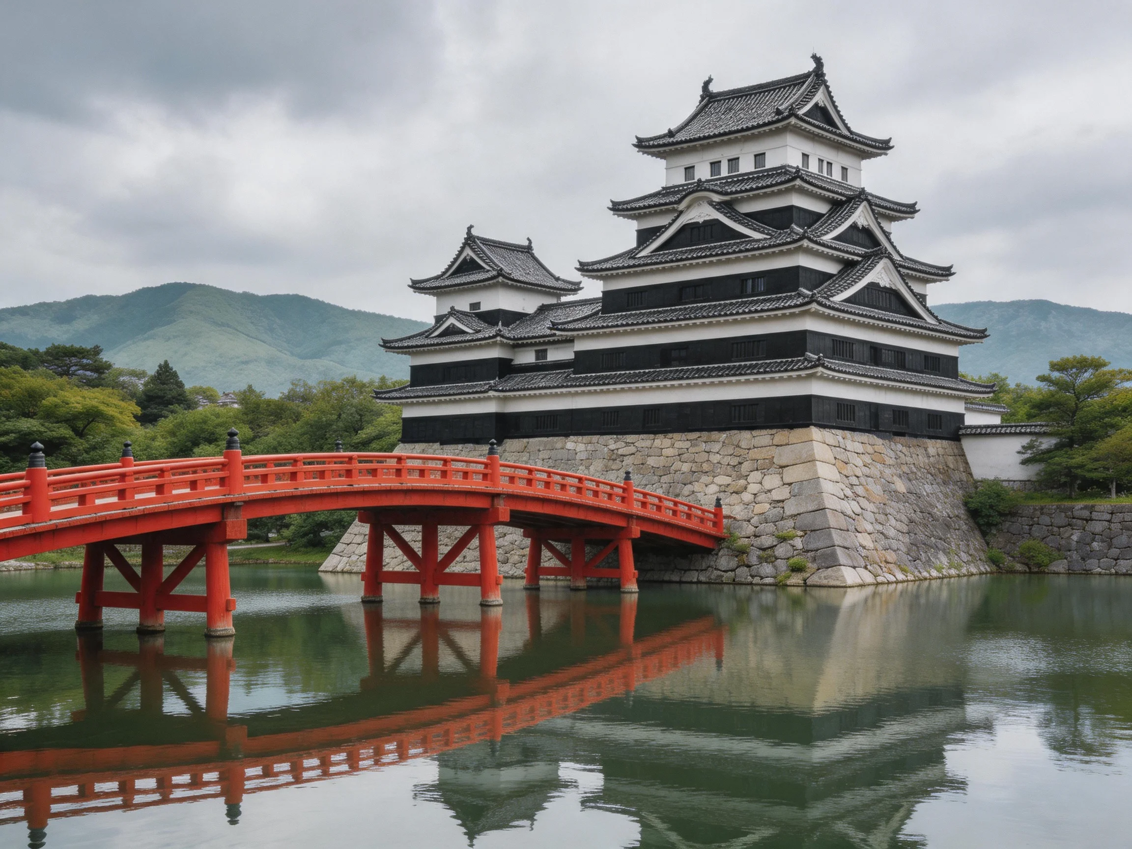 A historic black-and-white castle with a bright red bridge over calm water