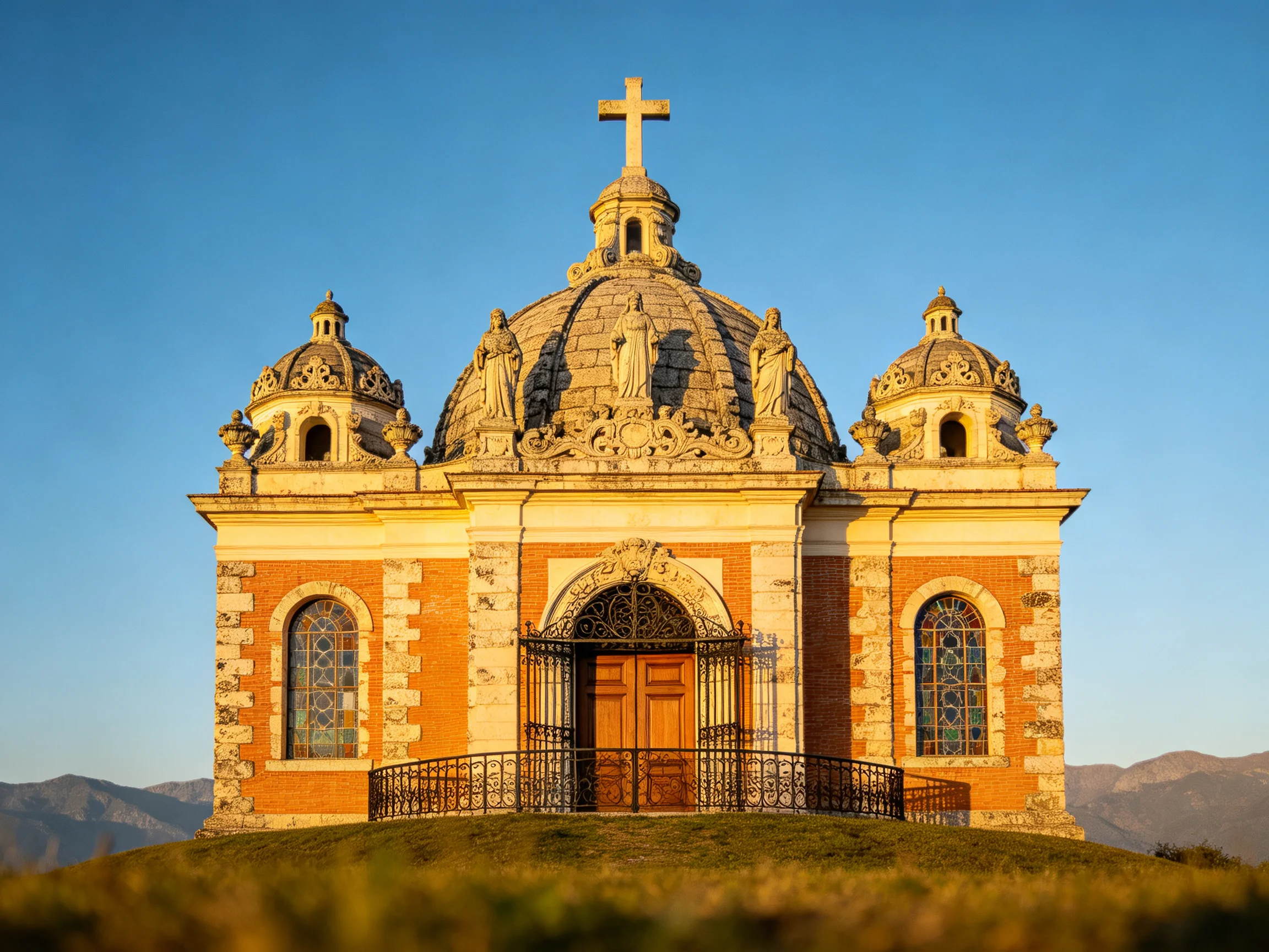 A historic brick and stone chapel with ornate domes and a golden cross