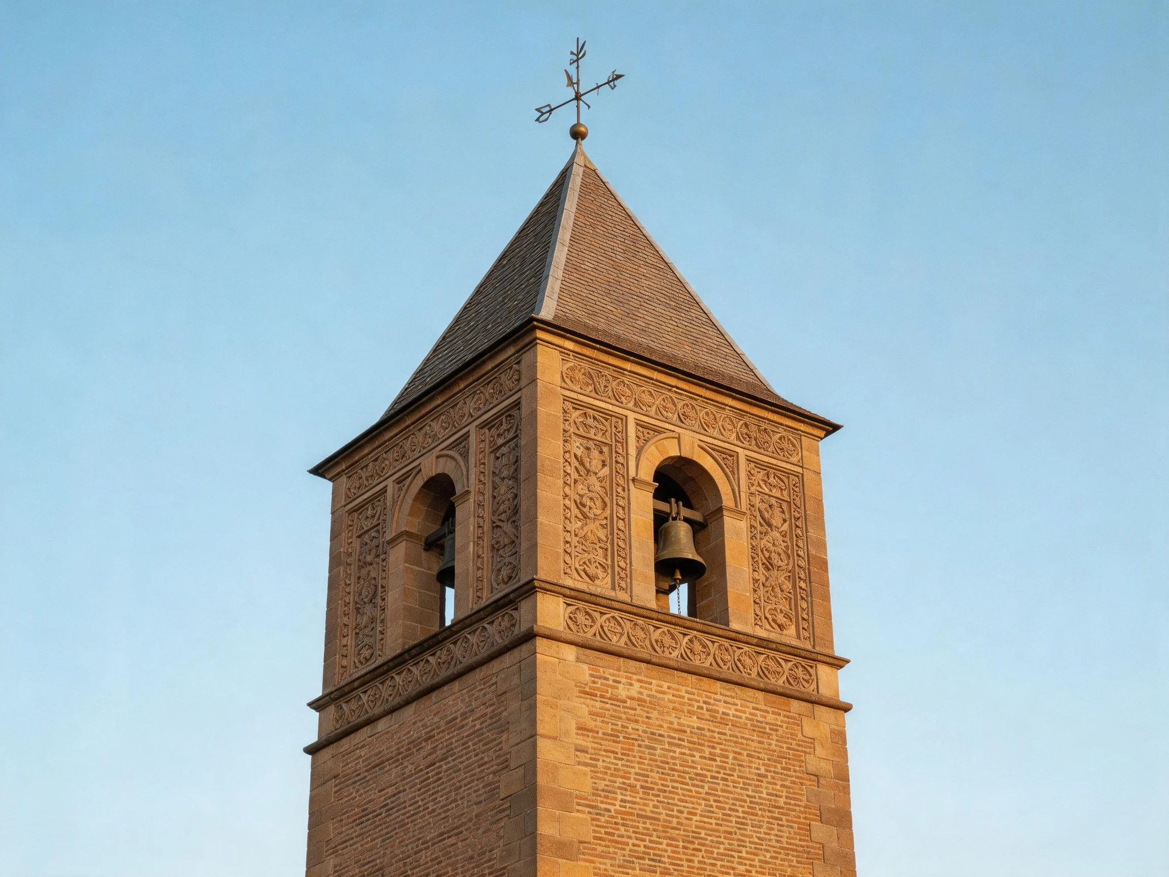 A historic brick bell tower with ornate carvings and a weather vane
