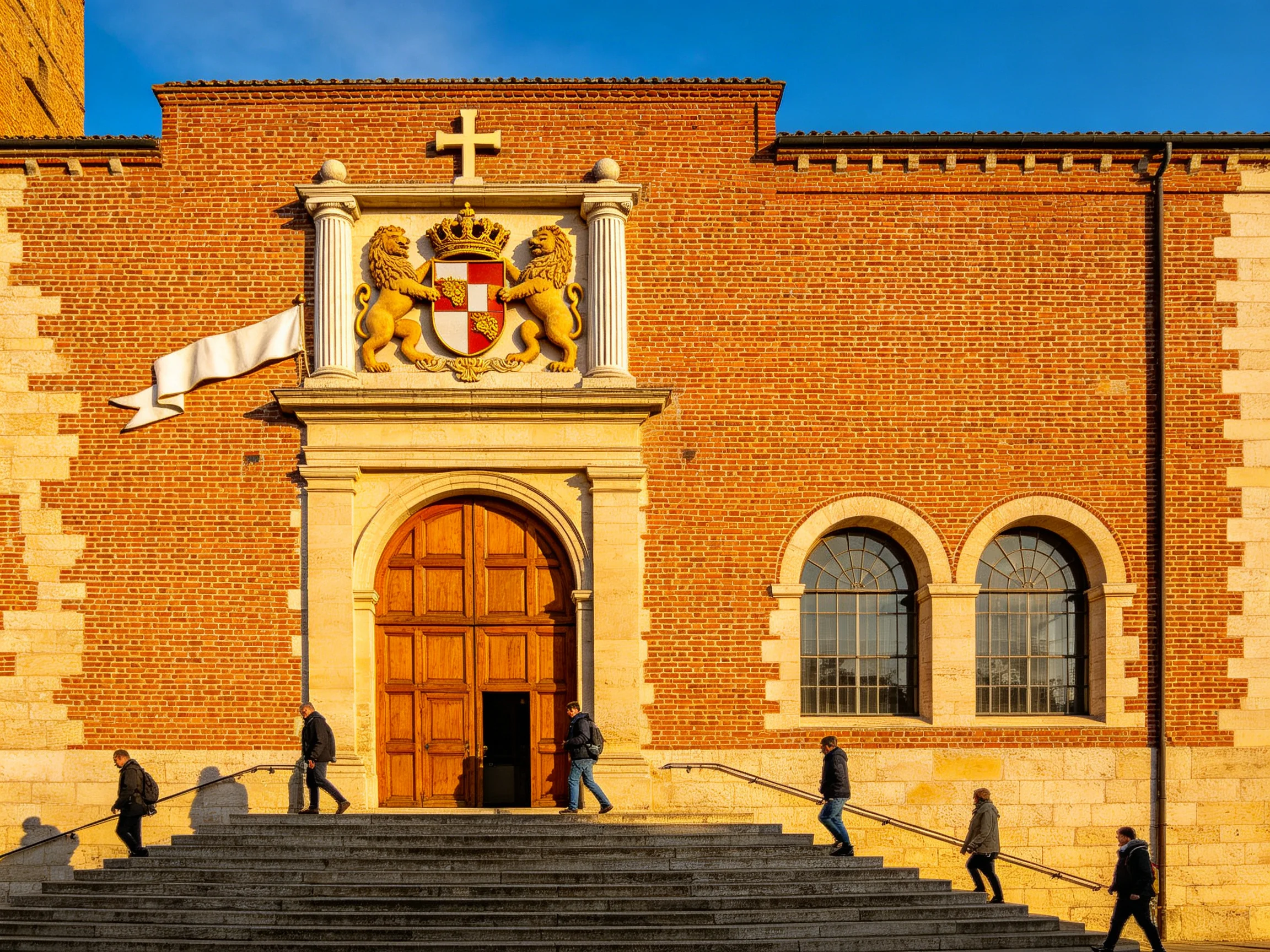 A historic brick building with golden heraldry and stone details