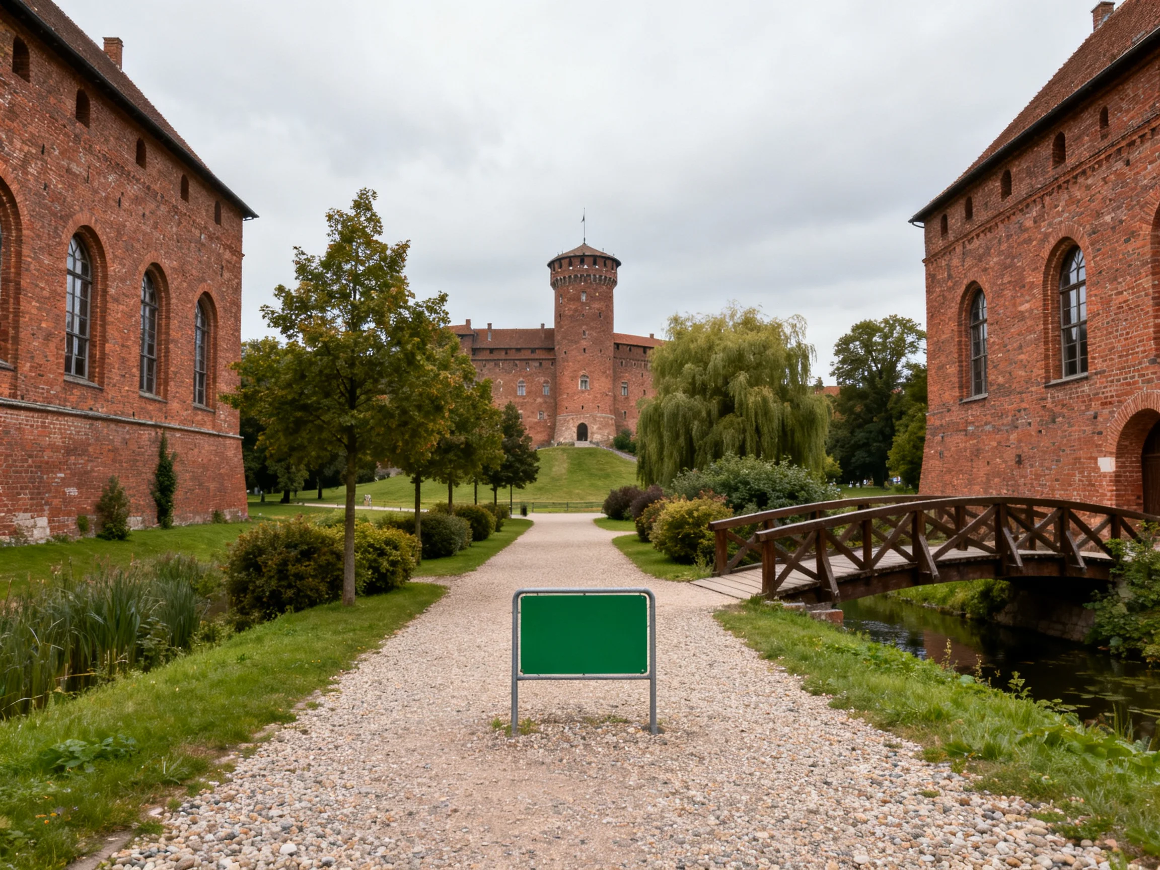 A historic brick castle complex with a central tower and wooden bridge
