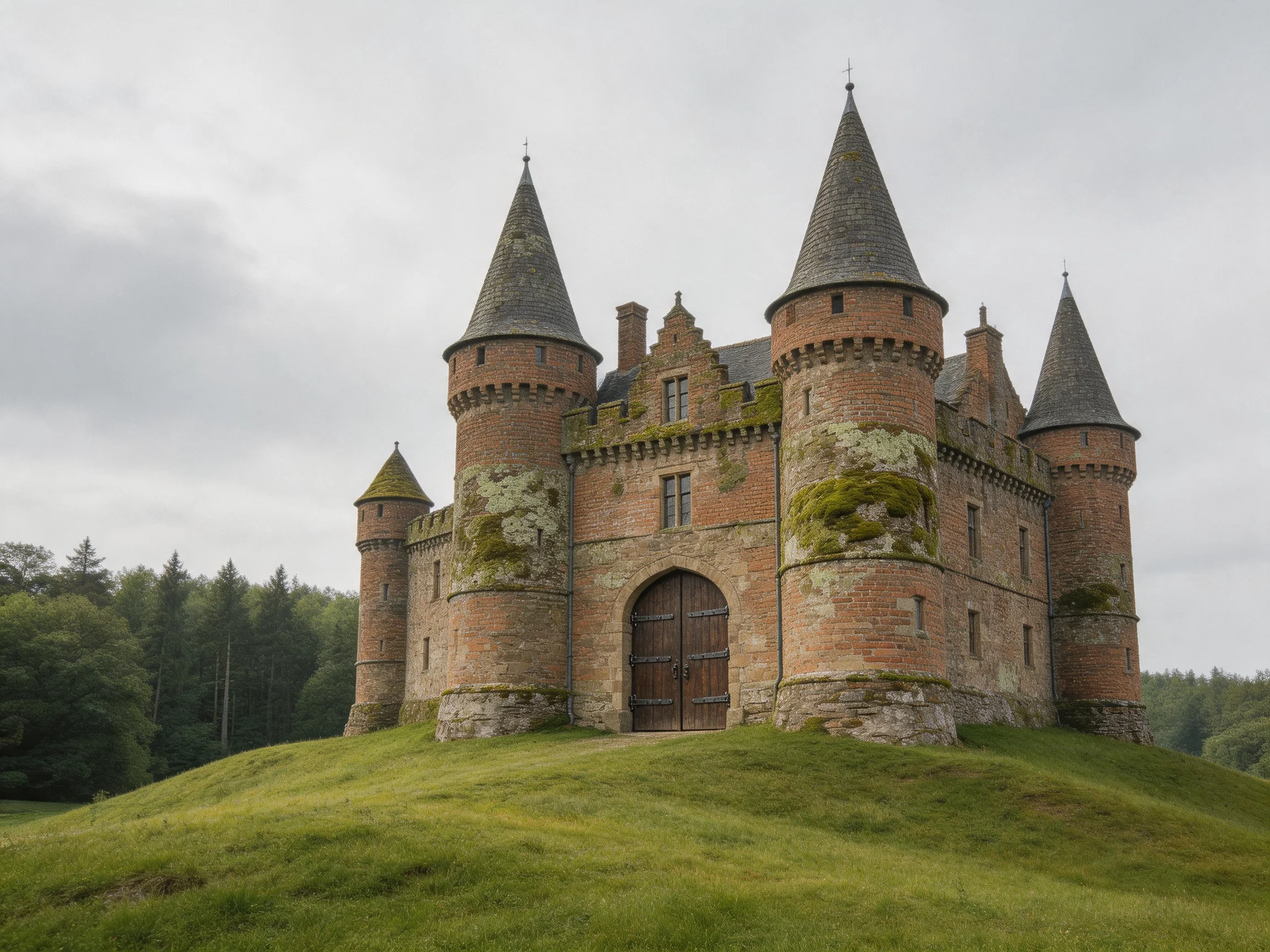 A historic brick castle with conical towers on a grassy mound