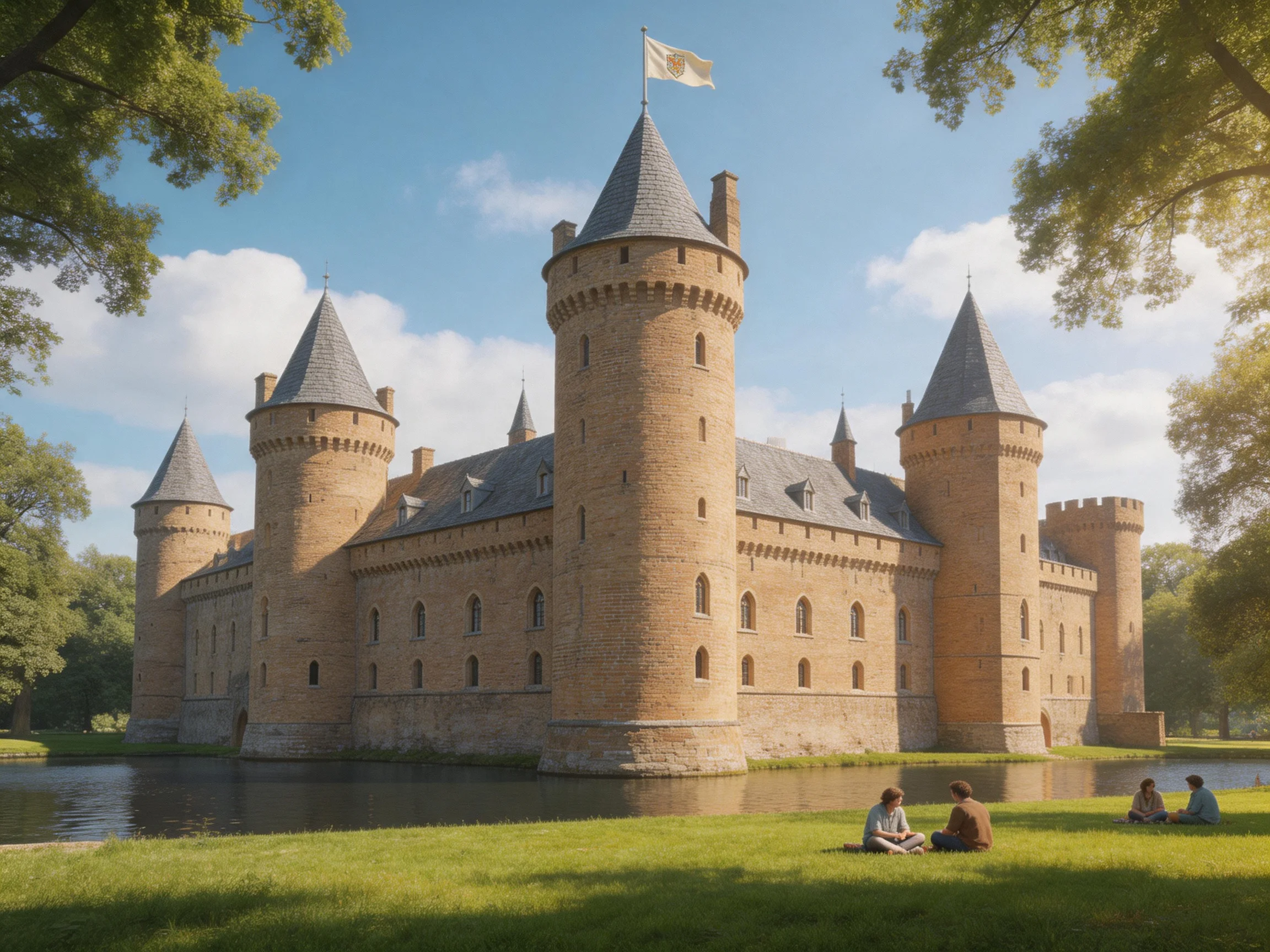 A historic brick castle with tall towers near a moat