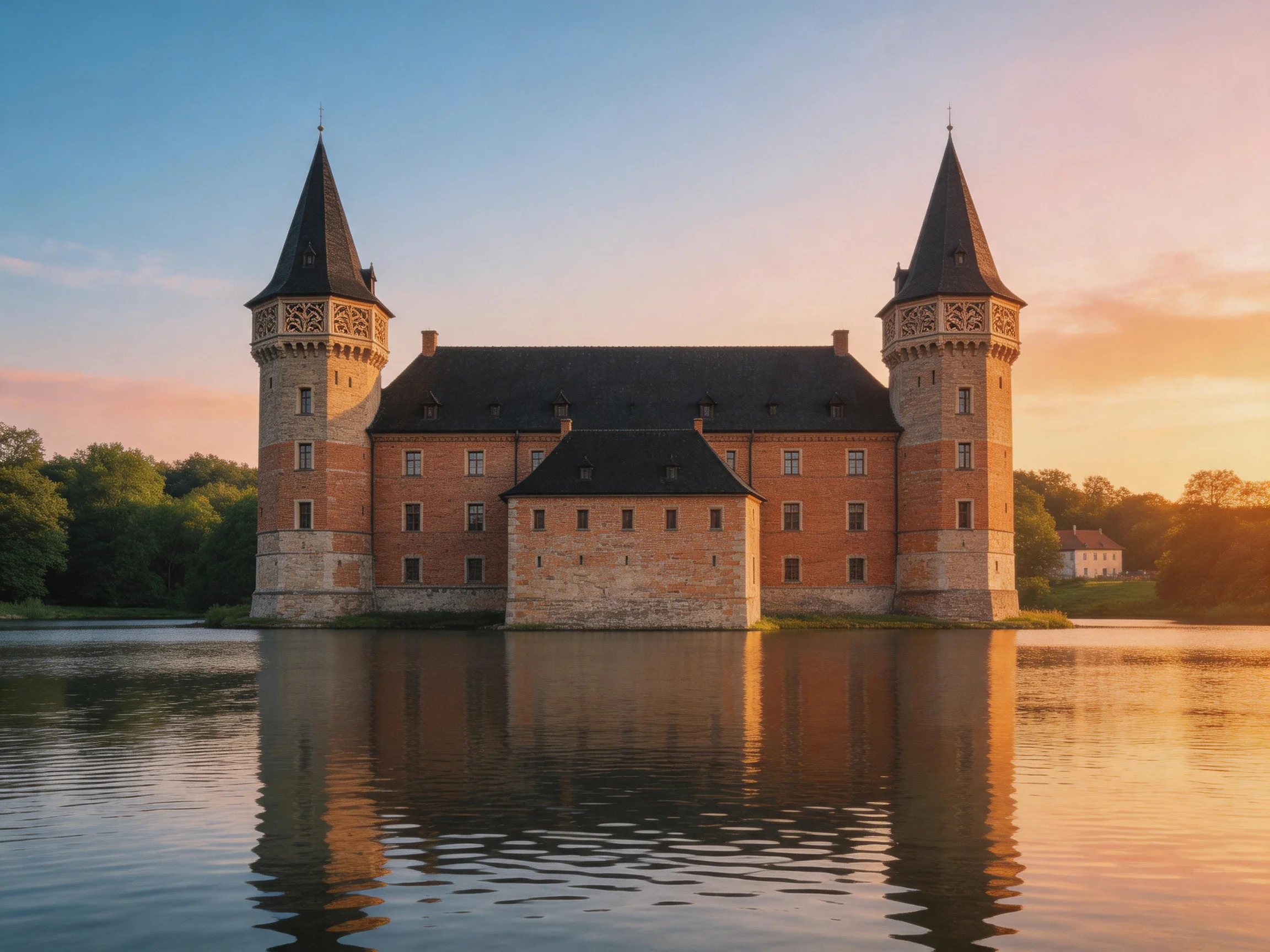 A historic brick castle with twin towers reflected in calm waters at sunset