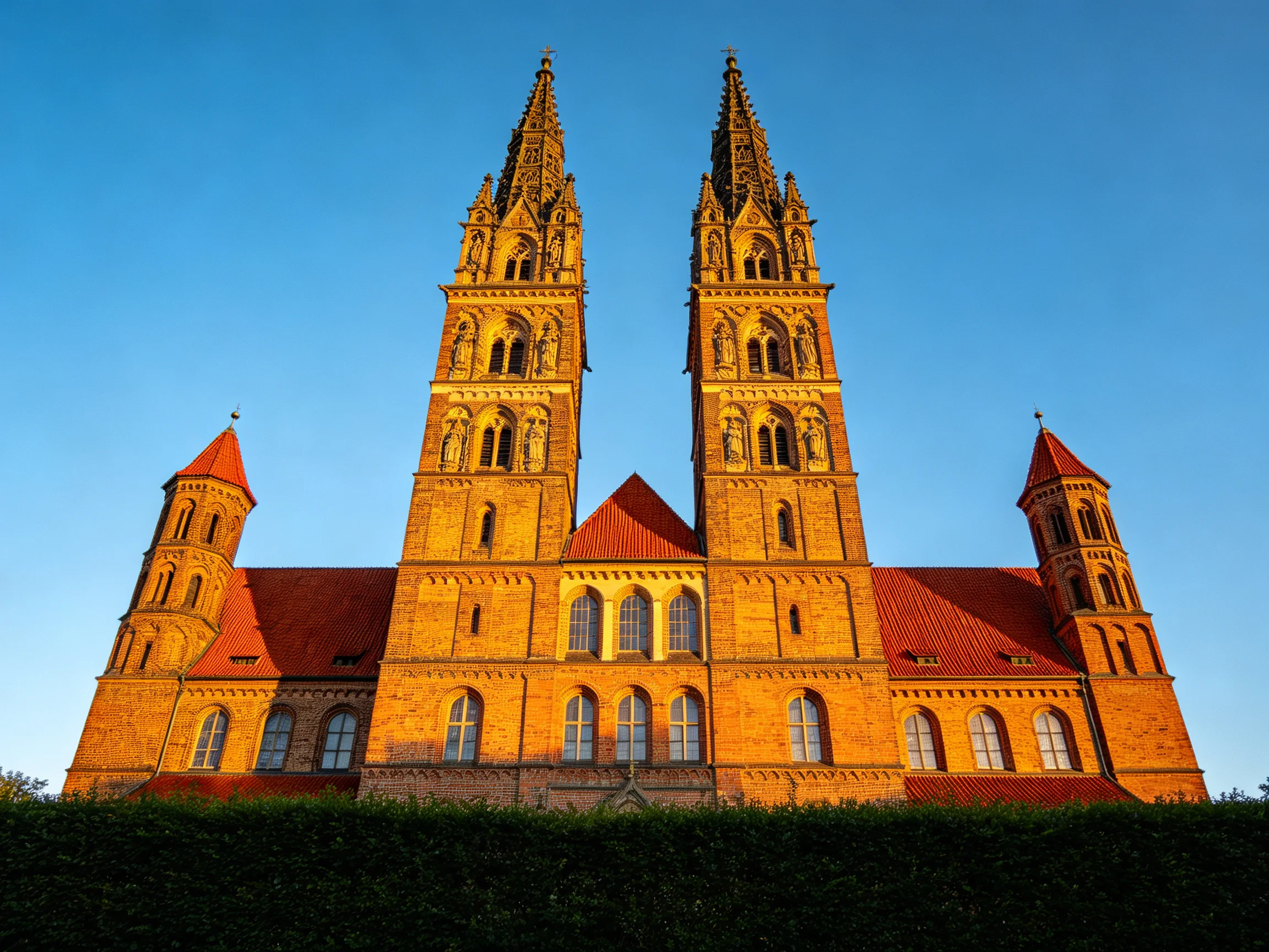 A historic brick cathedral with twin spires and red roofs under clear blue sky