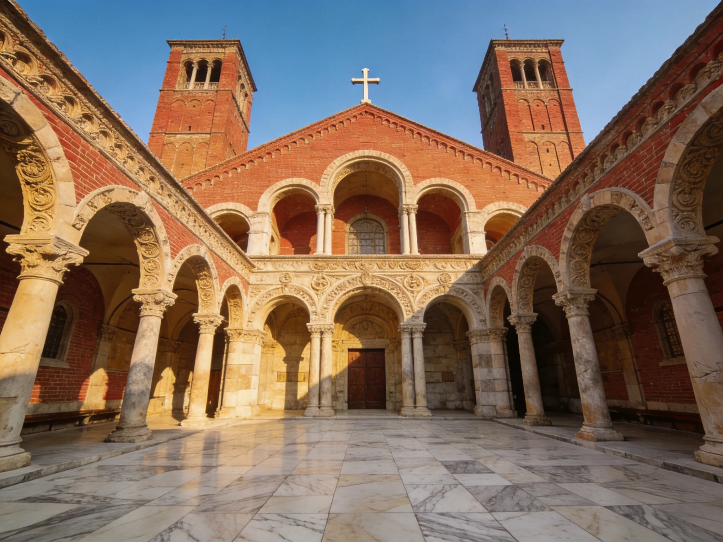 A historic brick church courtyard with twin towers and ornate arches