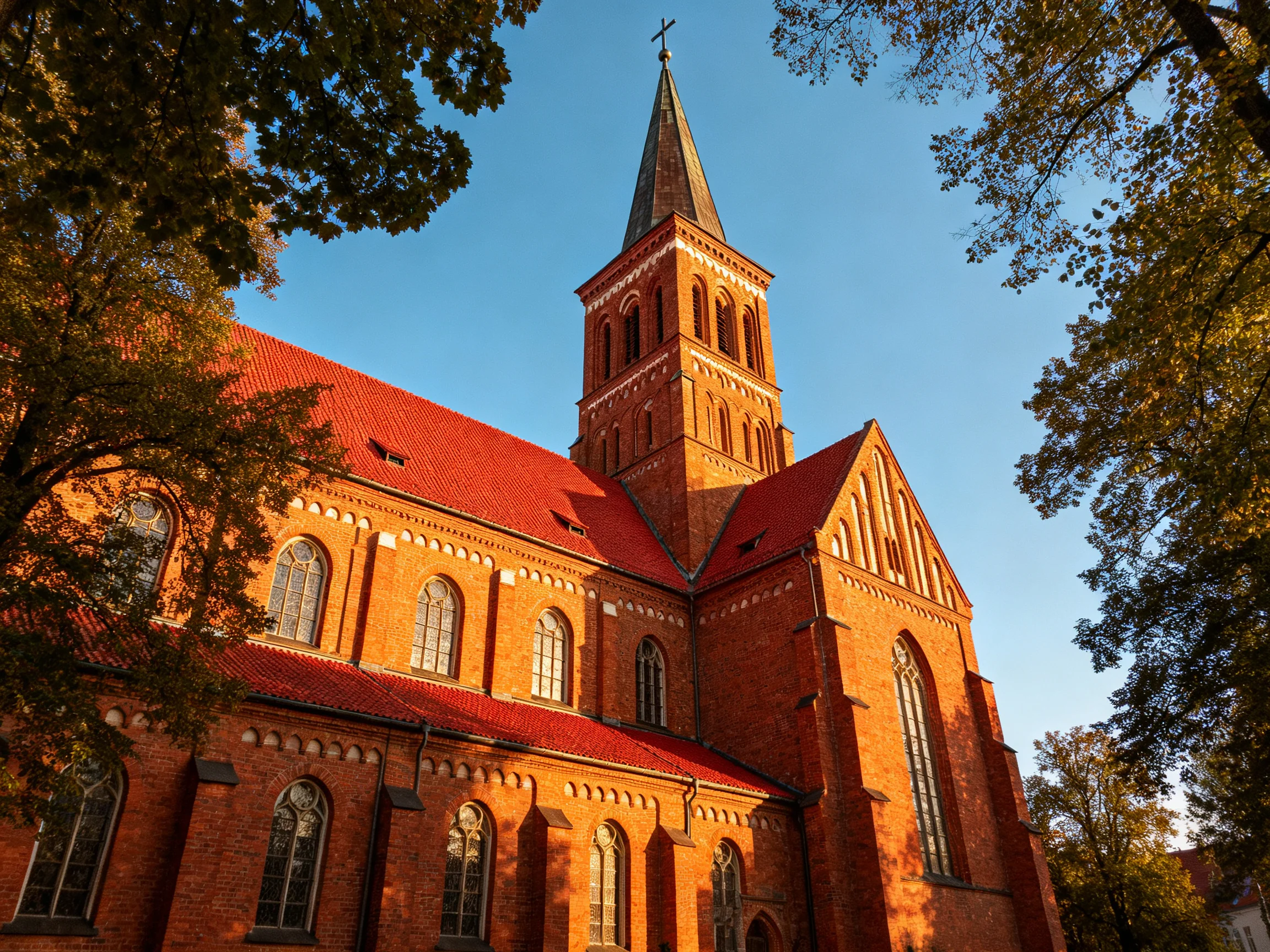 A historic brick church with tall tower and red roof