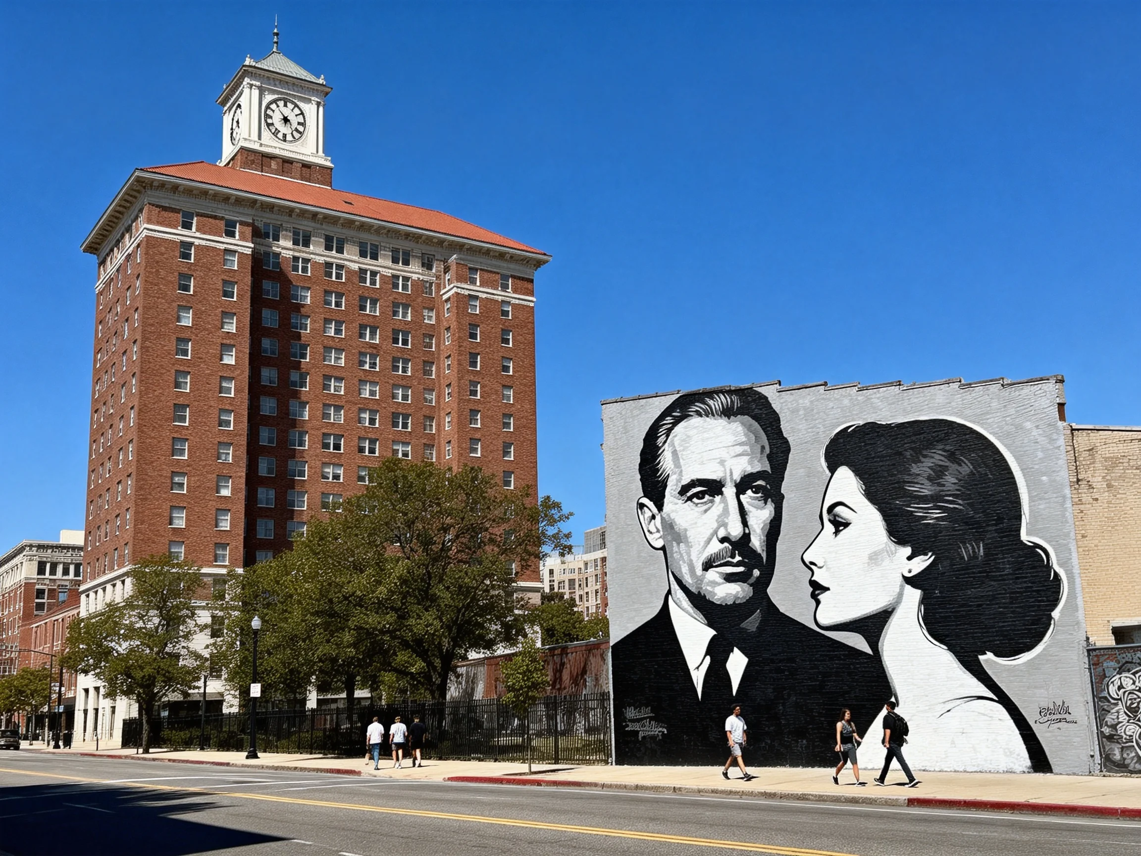 A historic brick clock tower beside a black-and-white mural on a sunny day