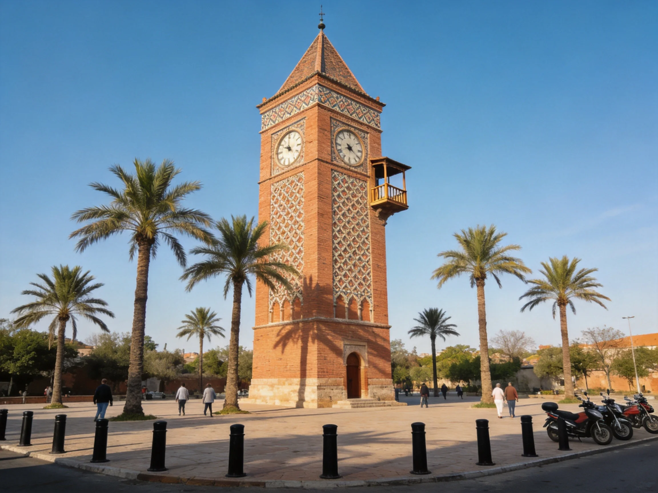 A historic brick clock tower surrounded by palm trees under a clear blue sky