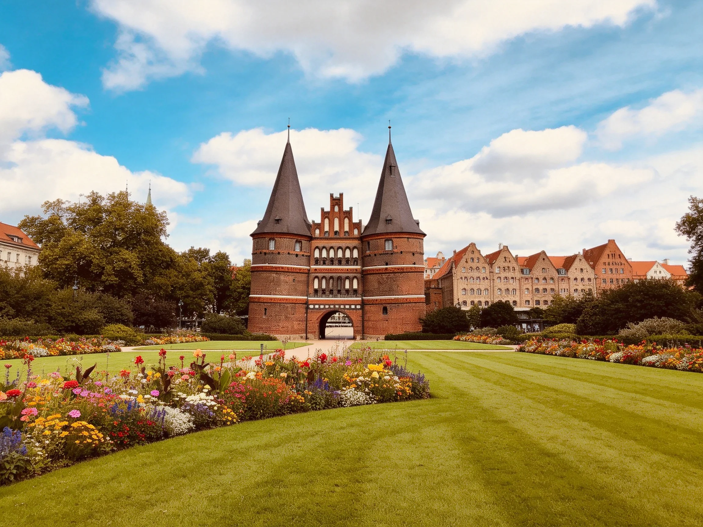 A historic brick gate tower surrounded by vibrant flower beds and manicured lawns