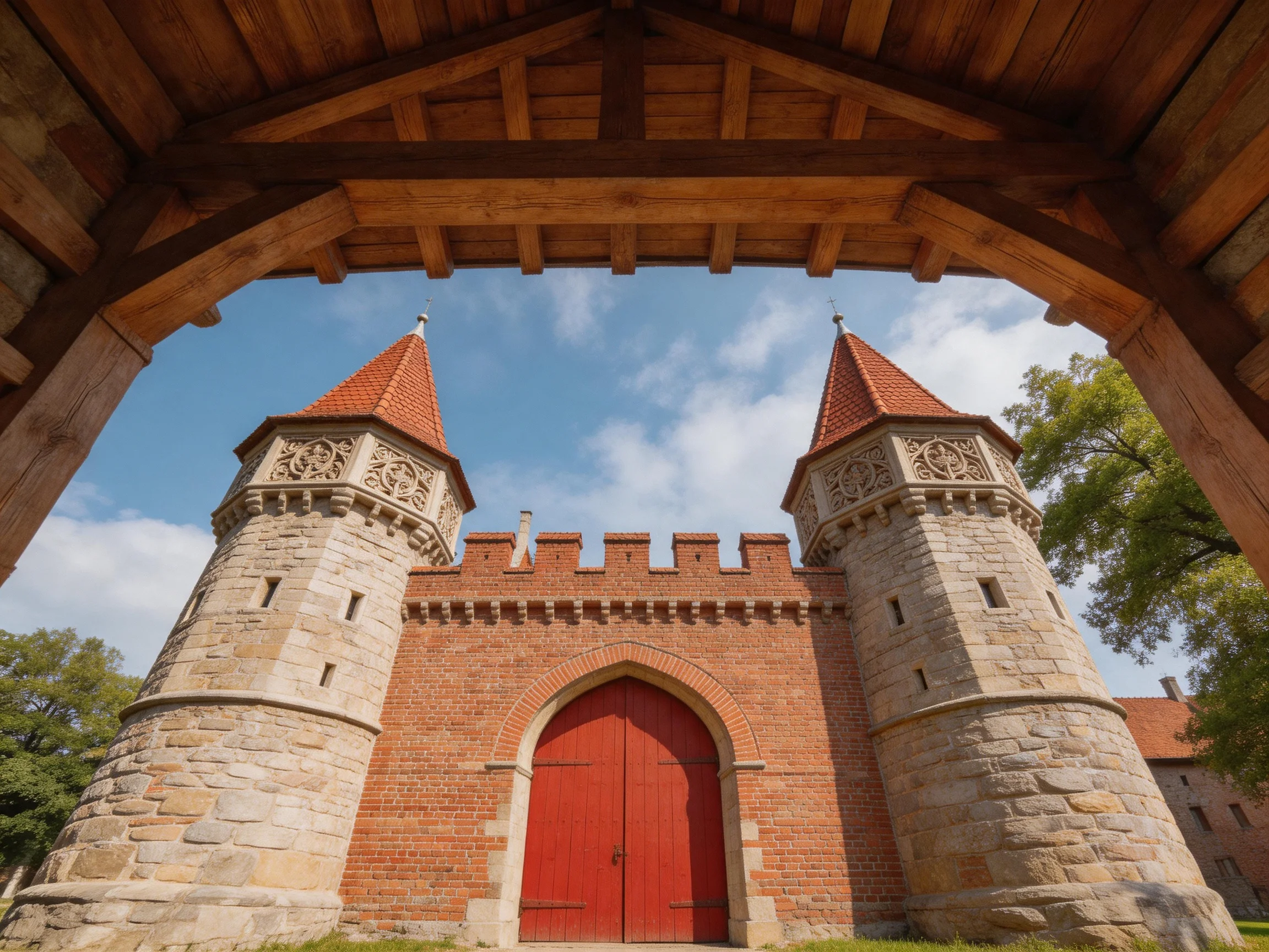 A historic brick gate with stone towers and red doors
