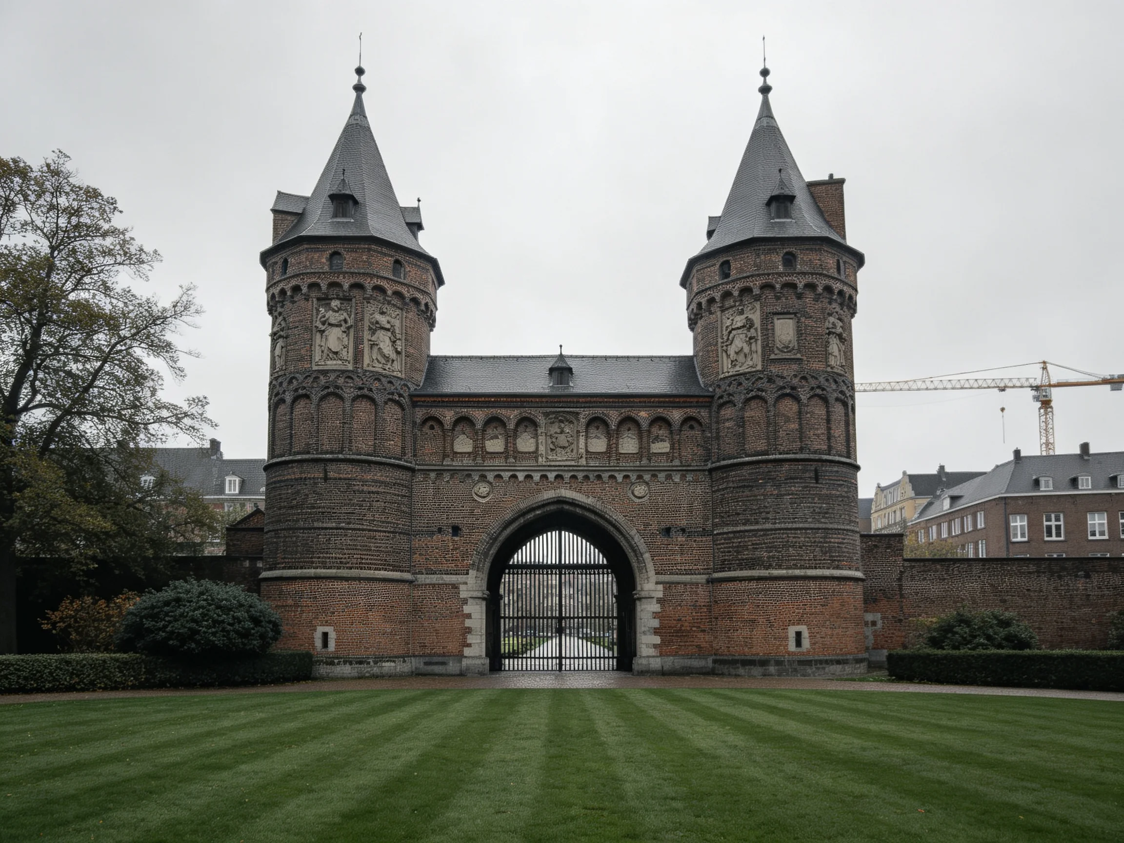 A historic brick gateway with two stone towers and a green lawn