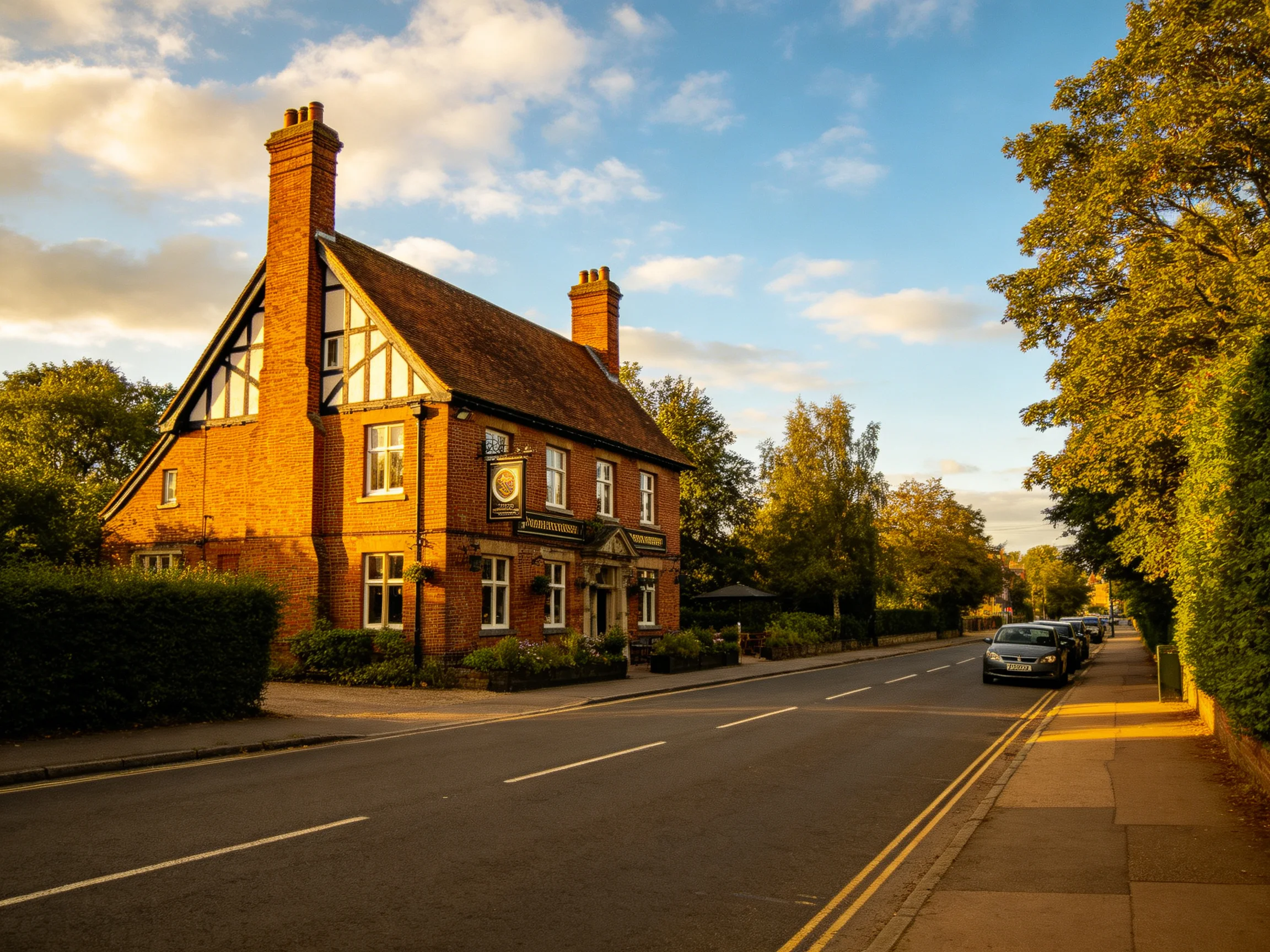 A historic brick inn with timber framing beside a tree-lined road
