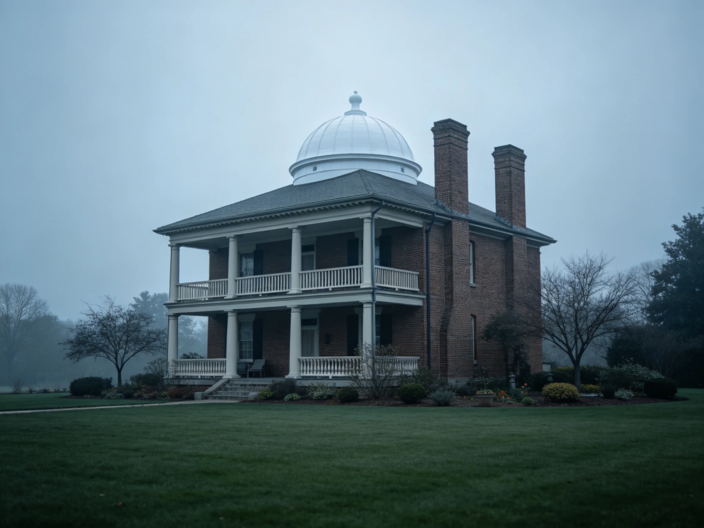 A historic brick mansion with a white dome and dual chimneys