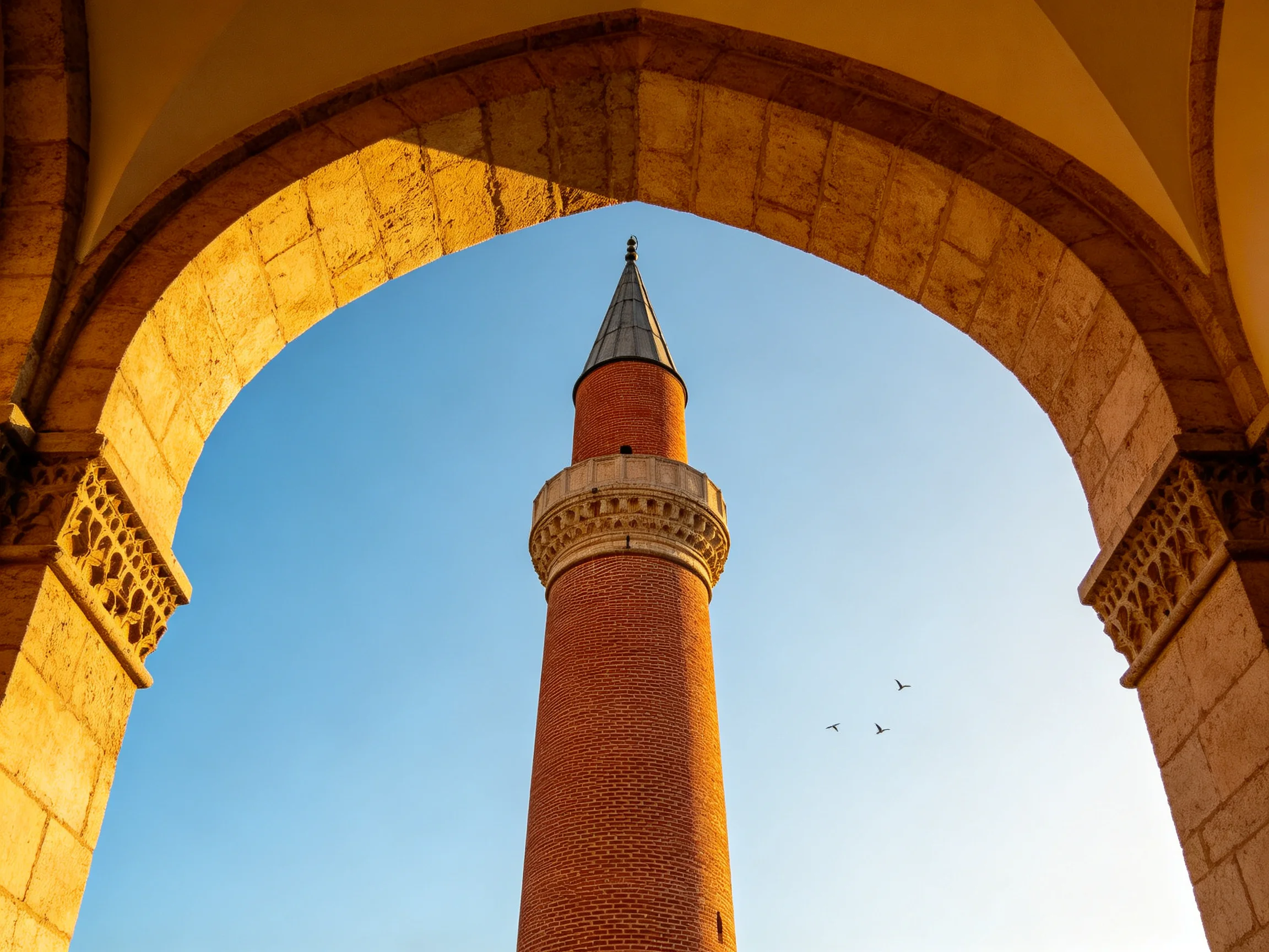 A historic brick minaret viewed through an ornate stone archway