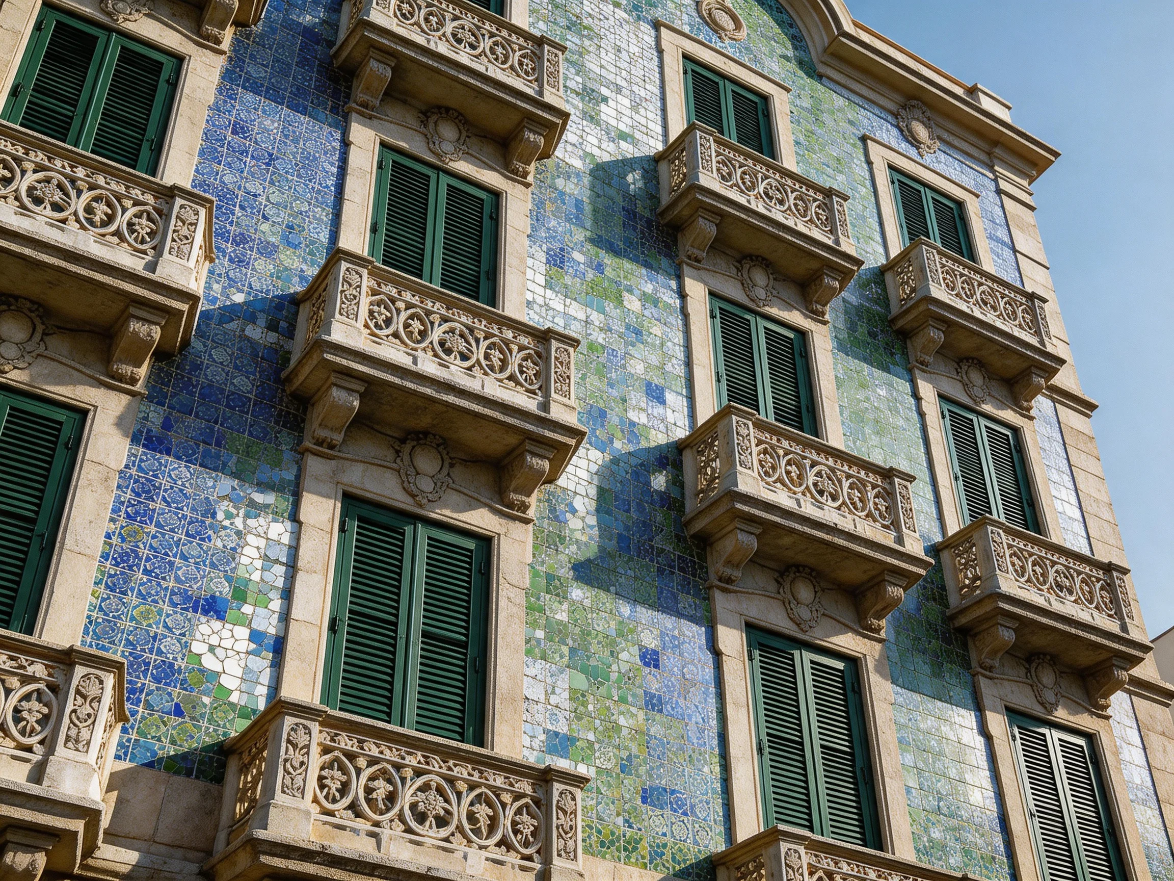 A historic building adorned with blue-green mosaic tiles and ornate balconies
