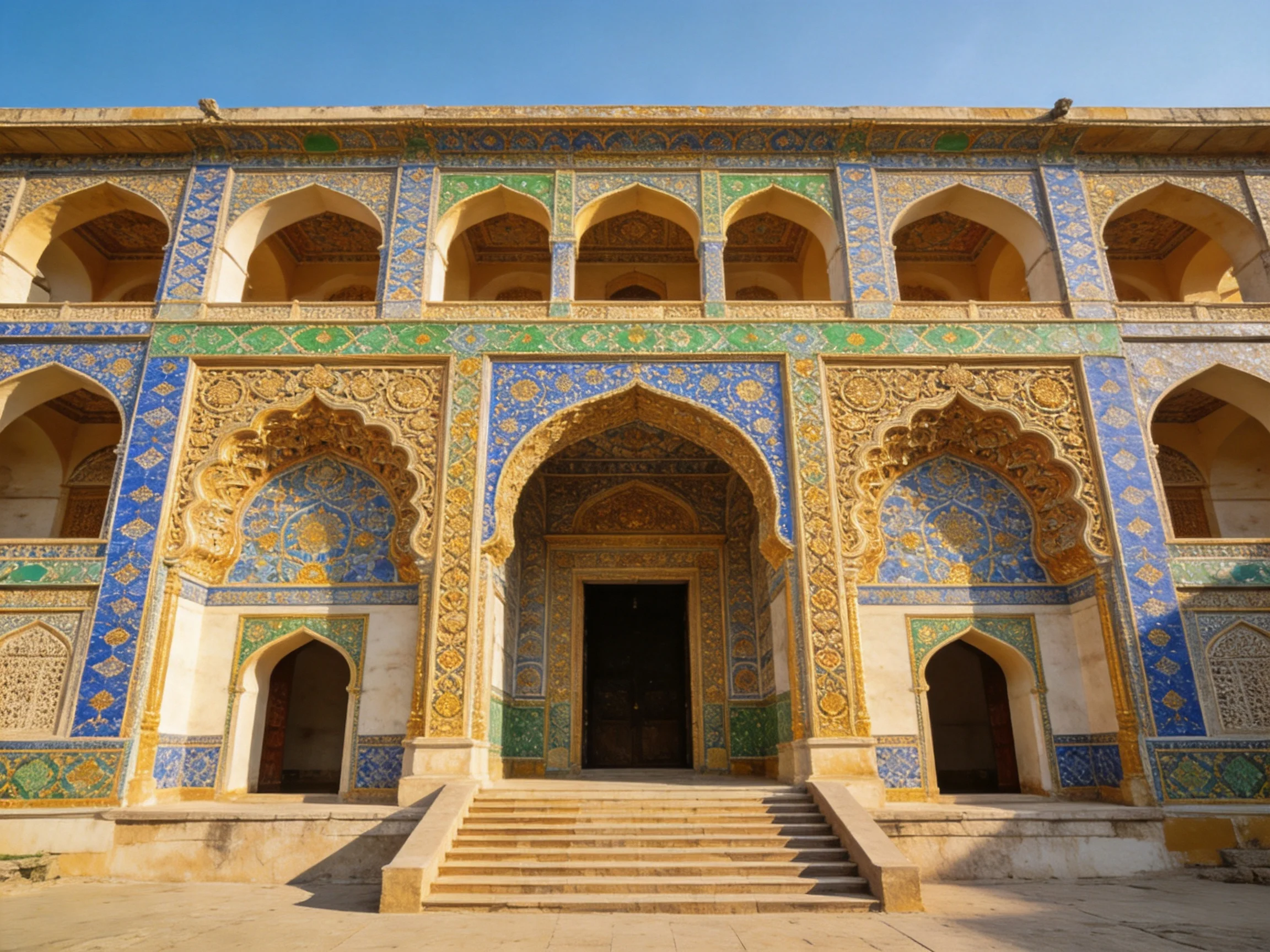 A historic building adorned with vibrant blue, green, and gold tile decorations