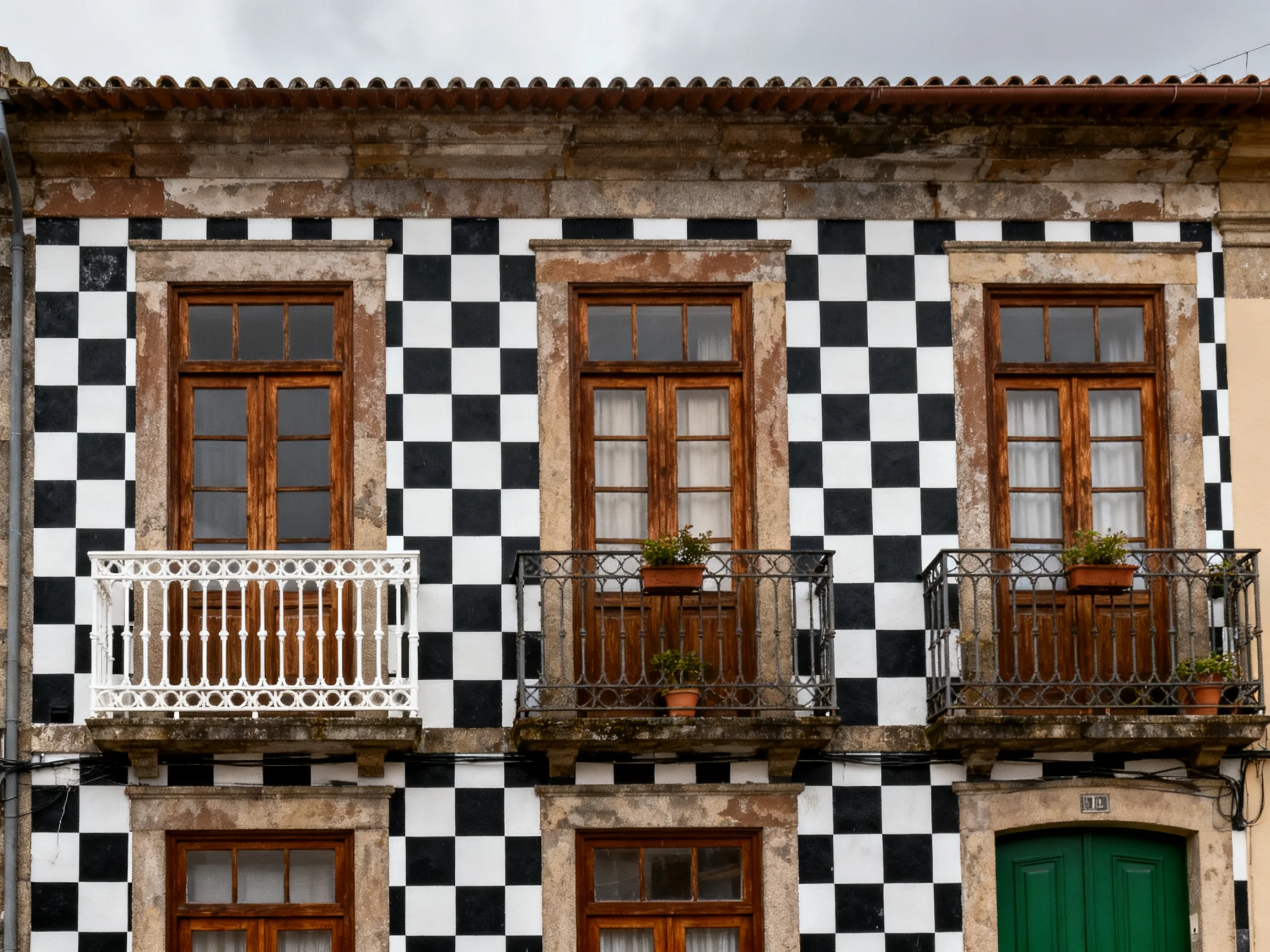 A historic building with black-and-white checkered facade and three balconies