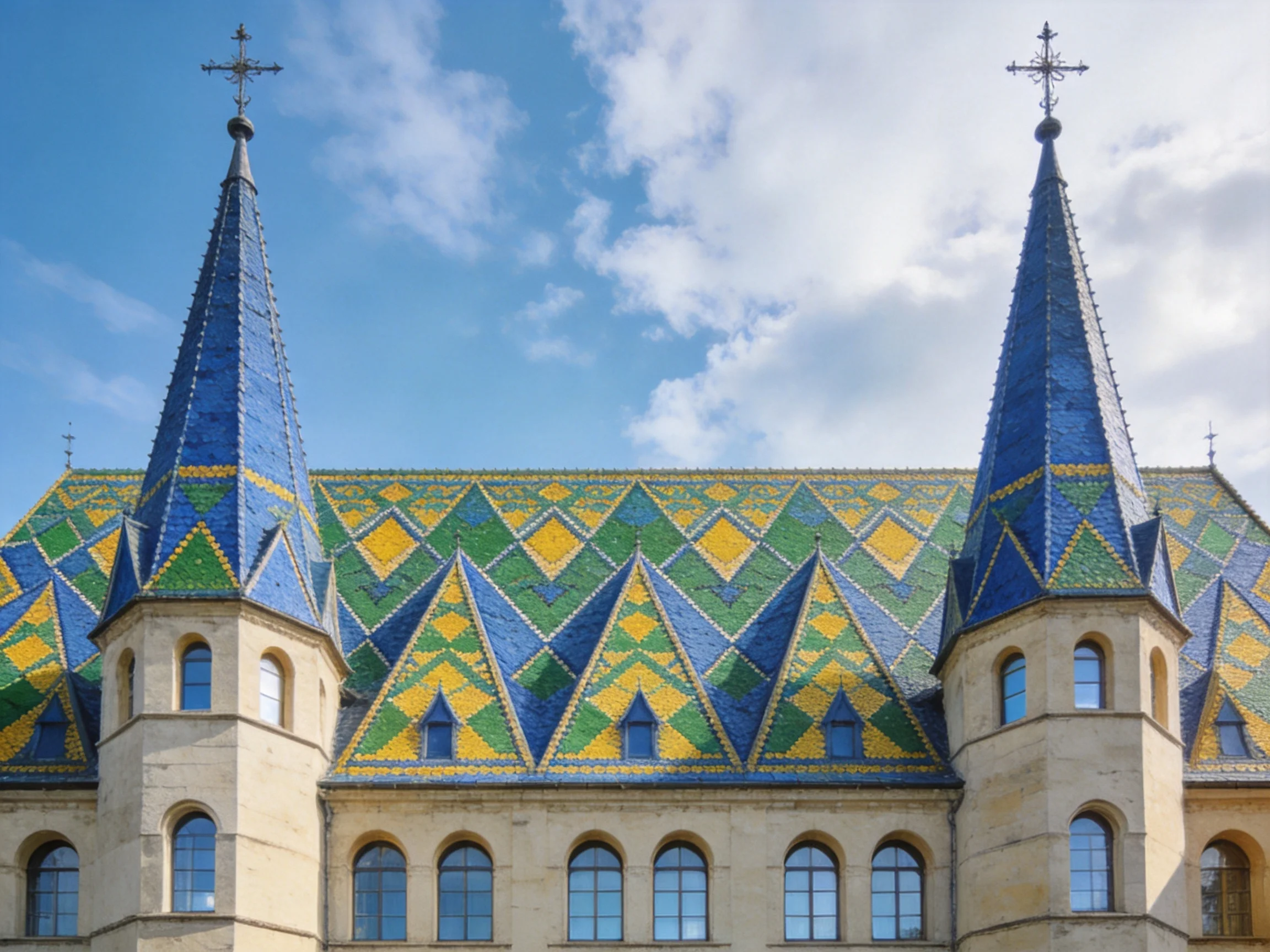 A historic building with colorful tiled roof and blue spires