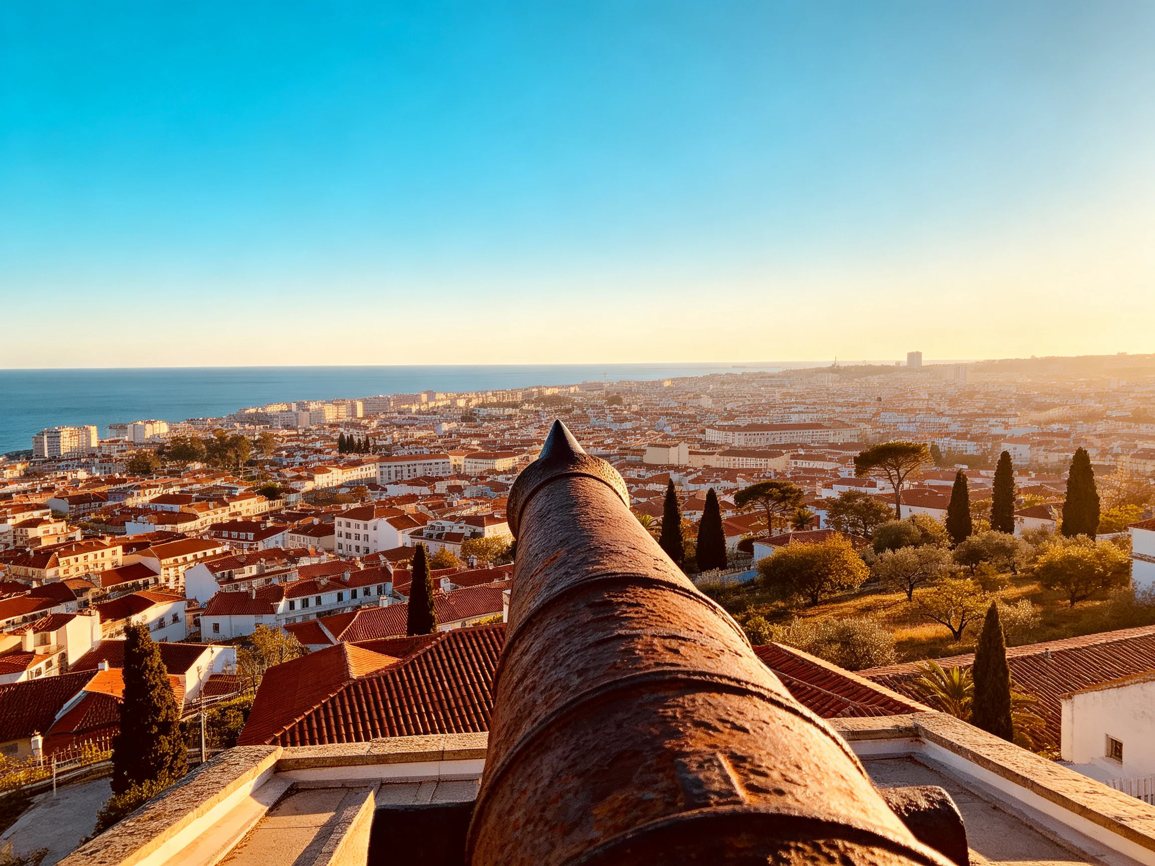 A historic cannon overlooks a coastal town with red-tiled rooftops