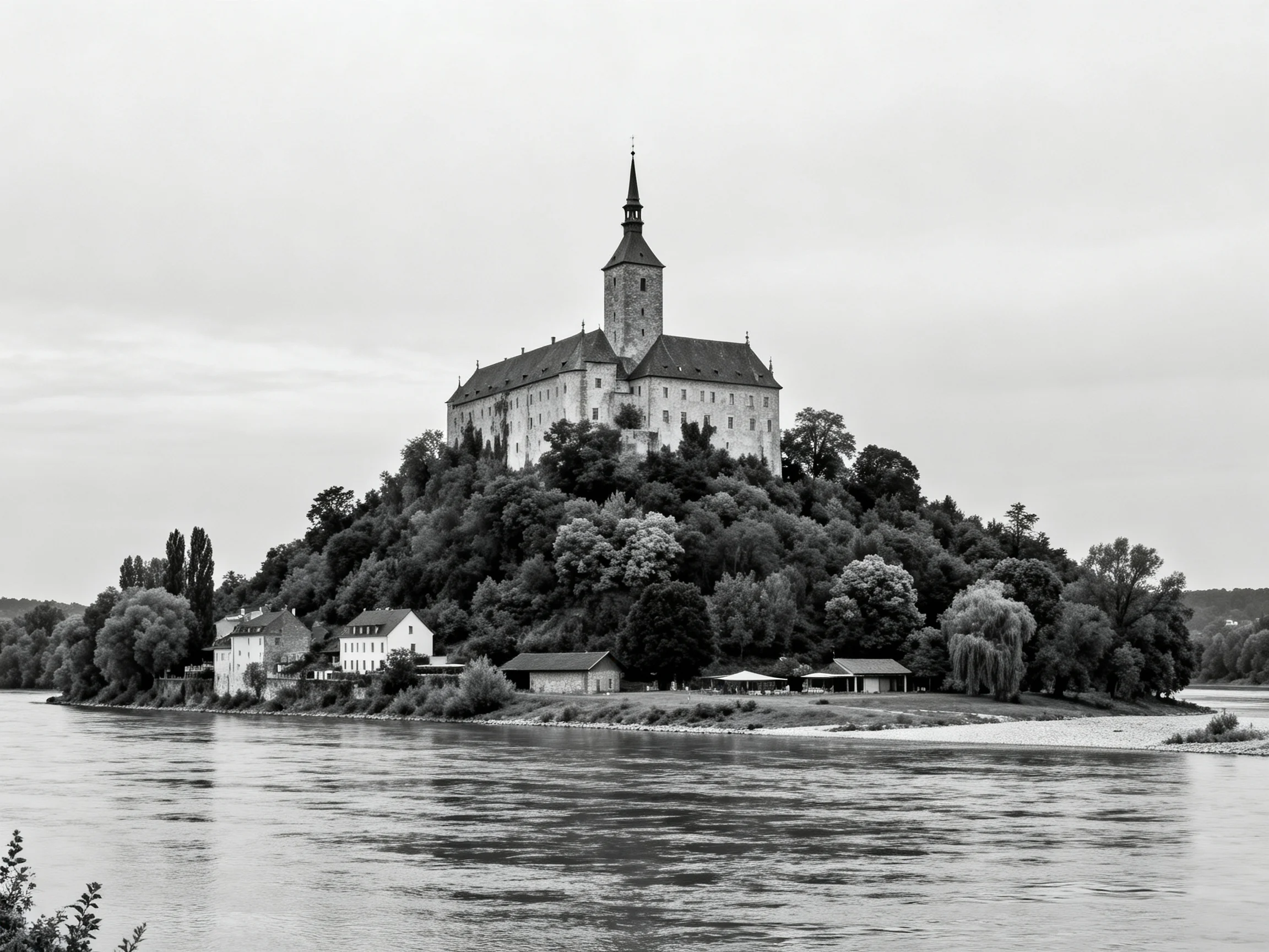 A historic castle atop a forested hill by a wide river