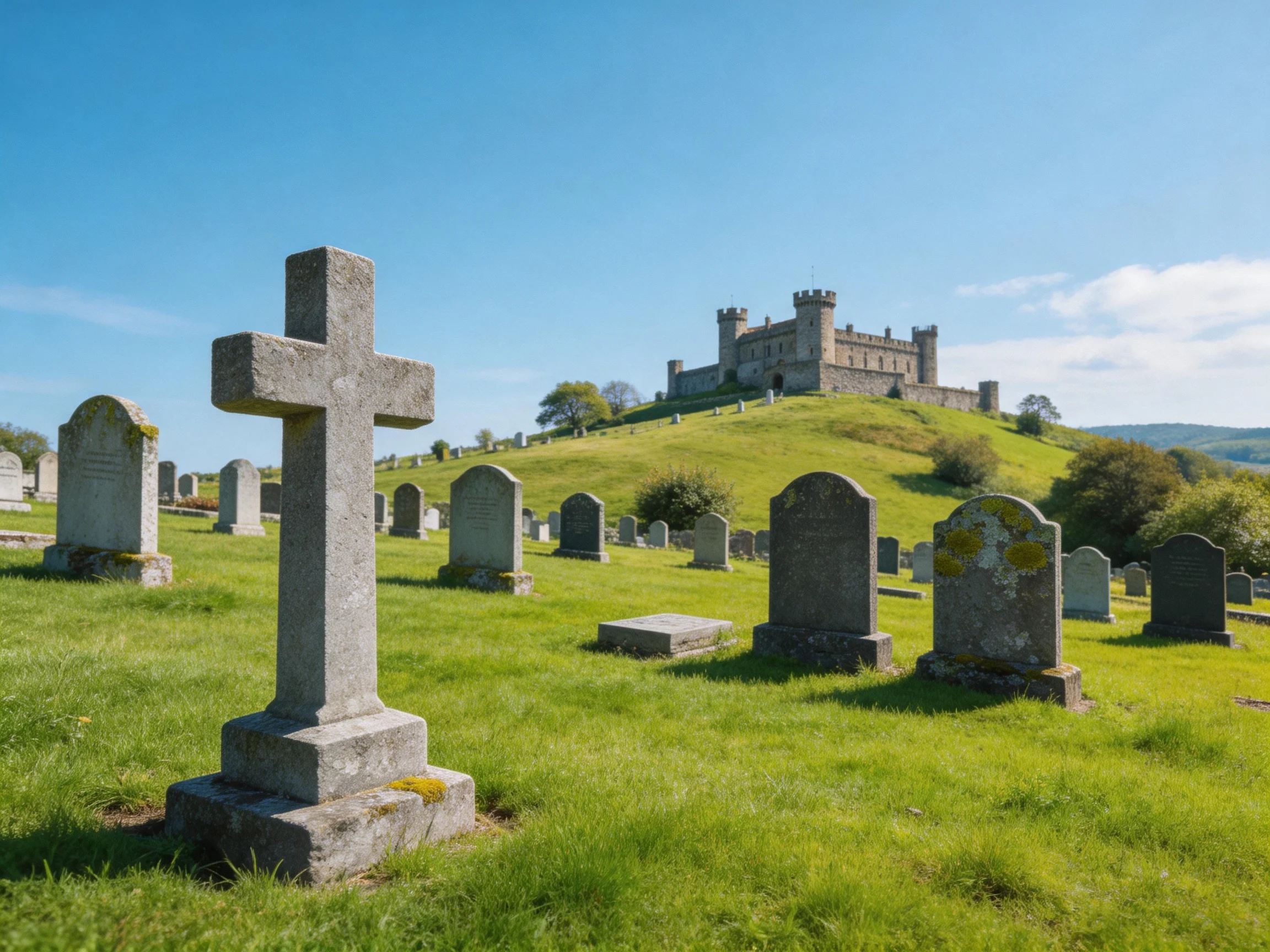 A historic castle atop a hill overlooks an old graveyard with stone crosses