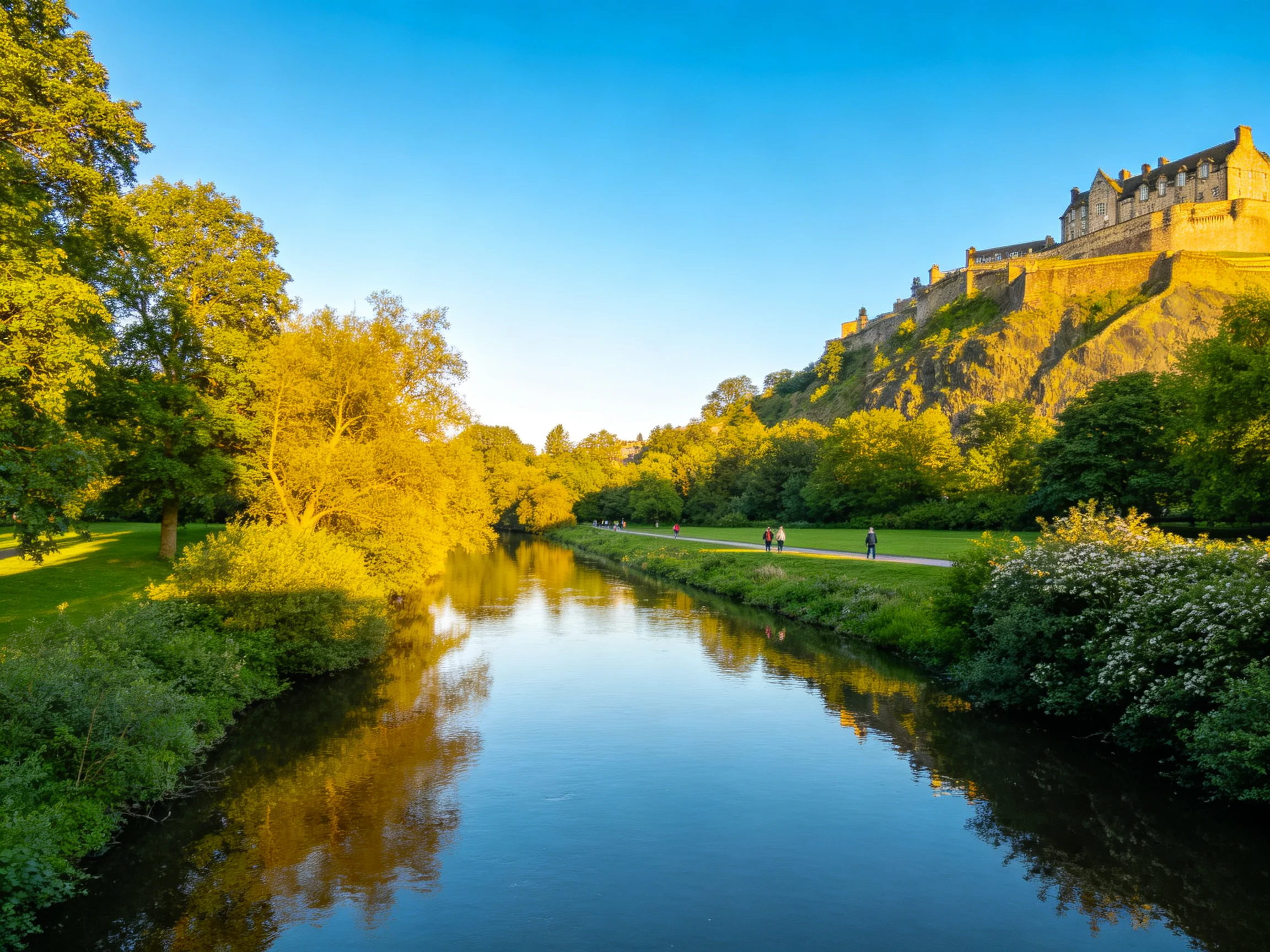 A historic castle overlooks a calm river amid lush greenery under bright blue skies