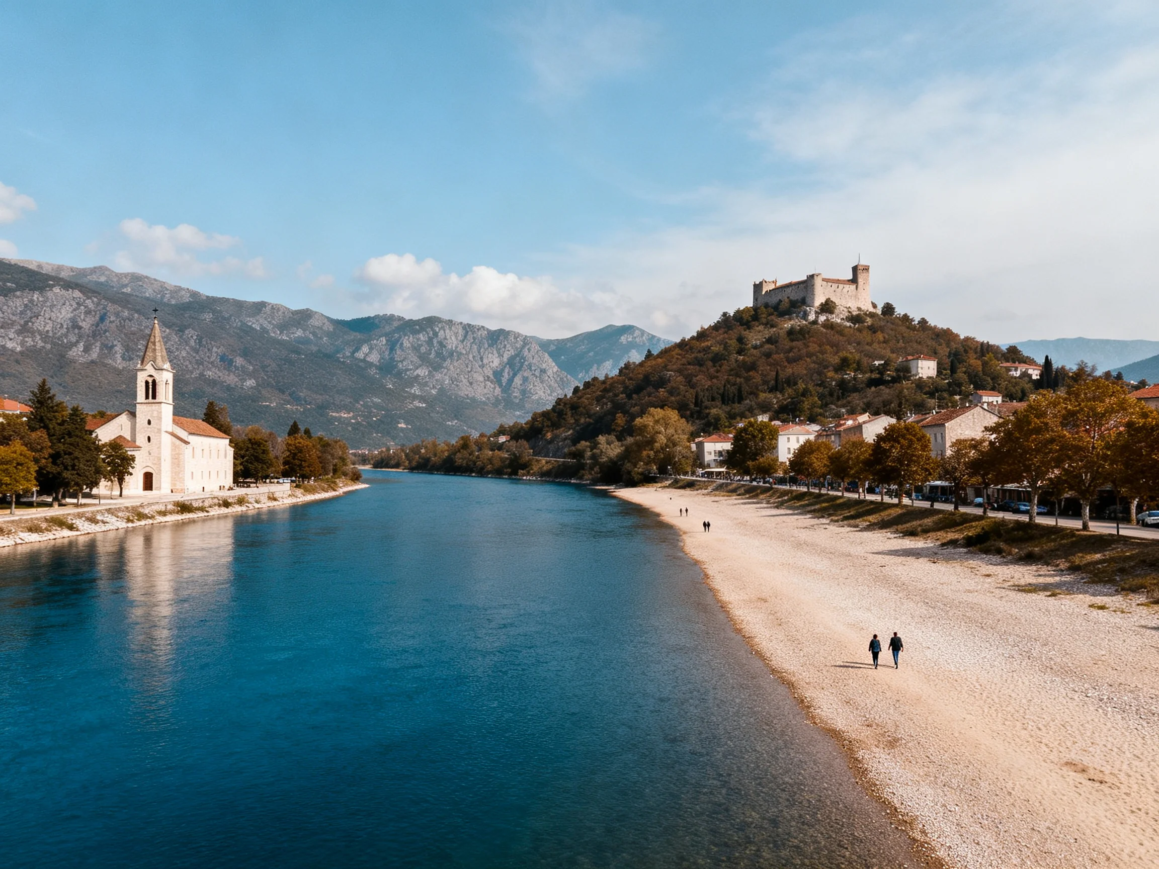 A historic castle overlooks a serene blue river with a sandy shore