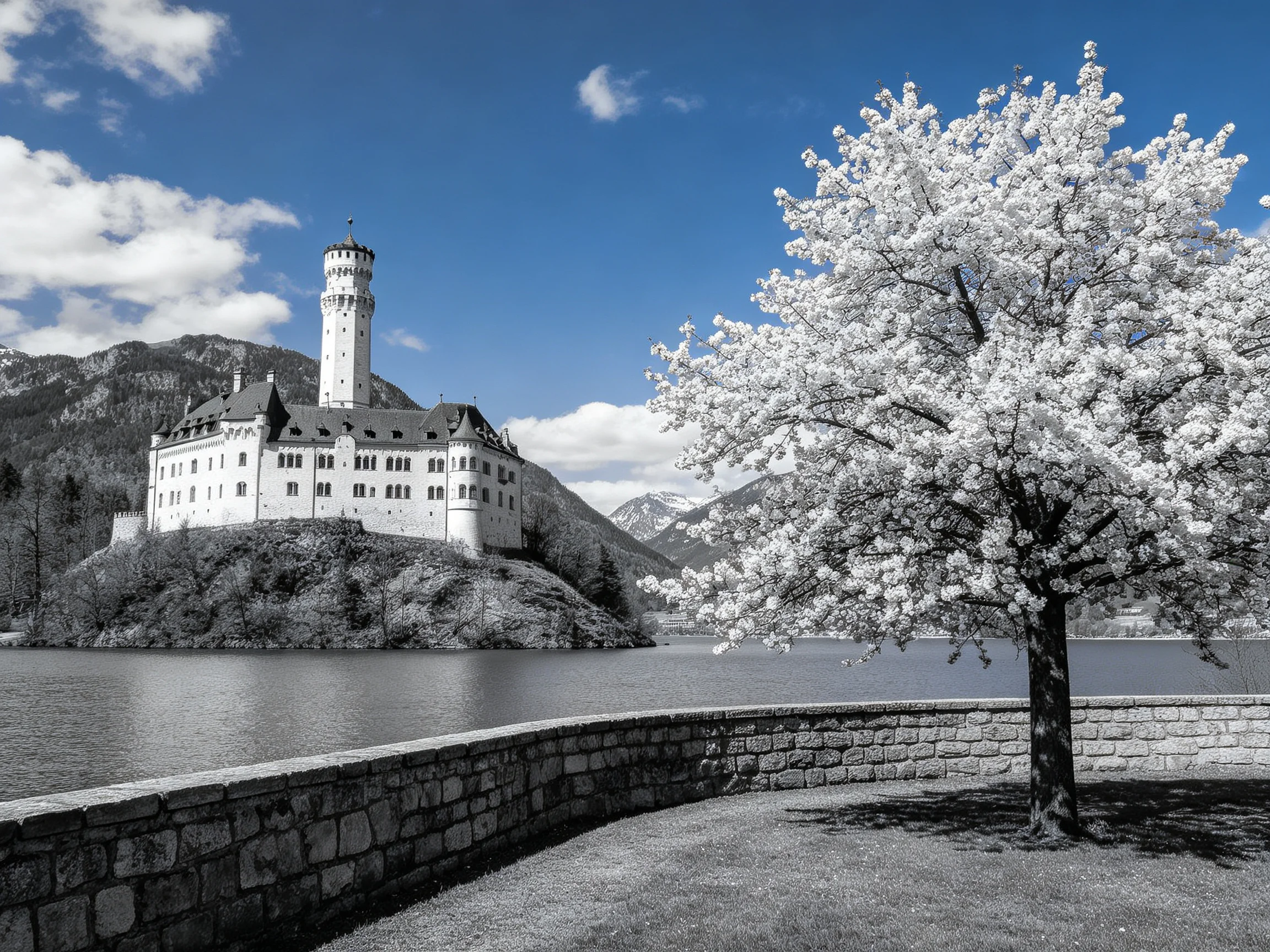 A historic castle overlooks a serene lake beside a blooming white tree