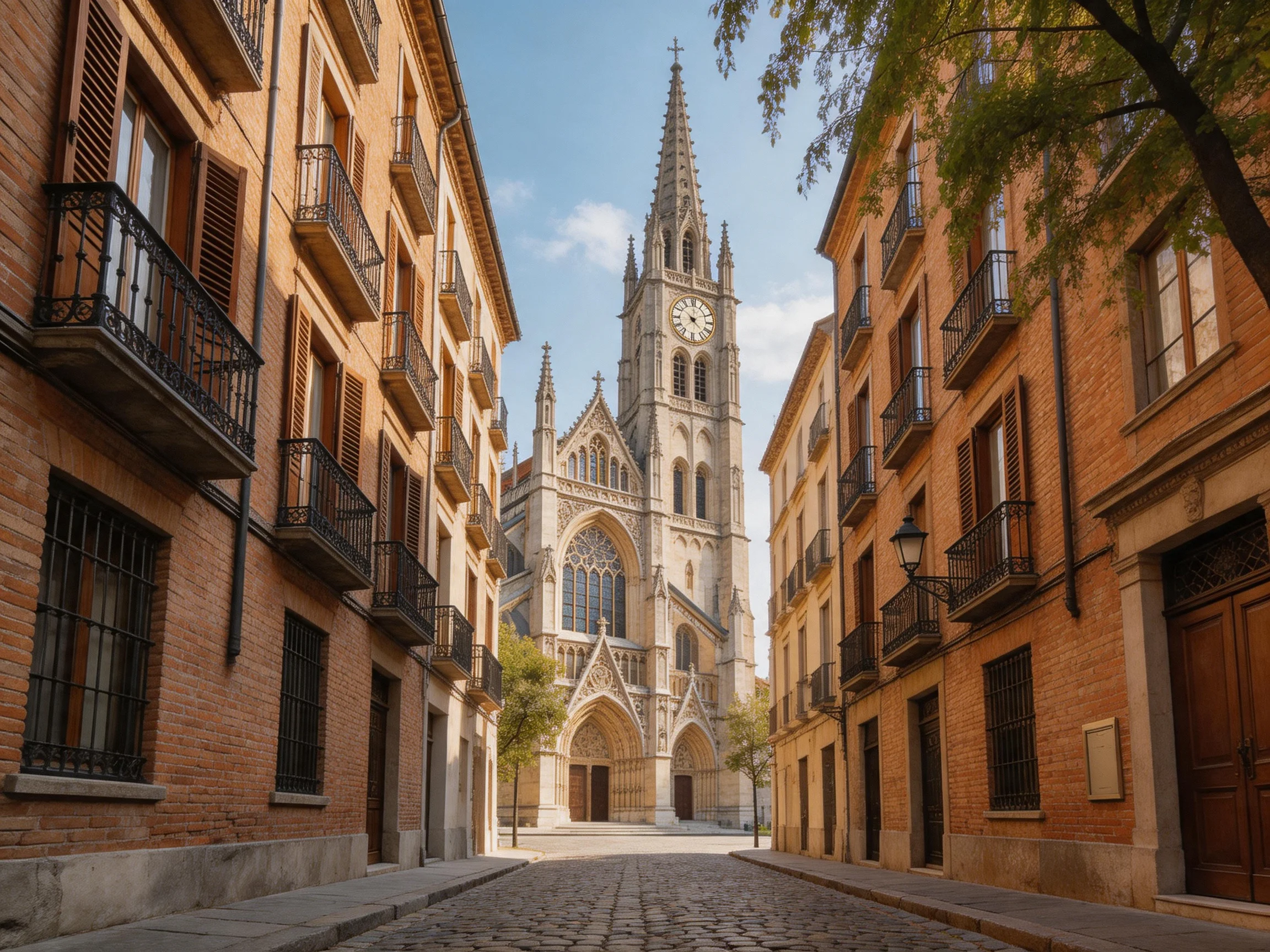 A historic cathedral stands among brick buildings on a cobblestone street