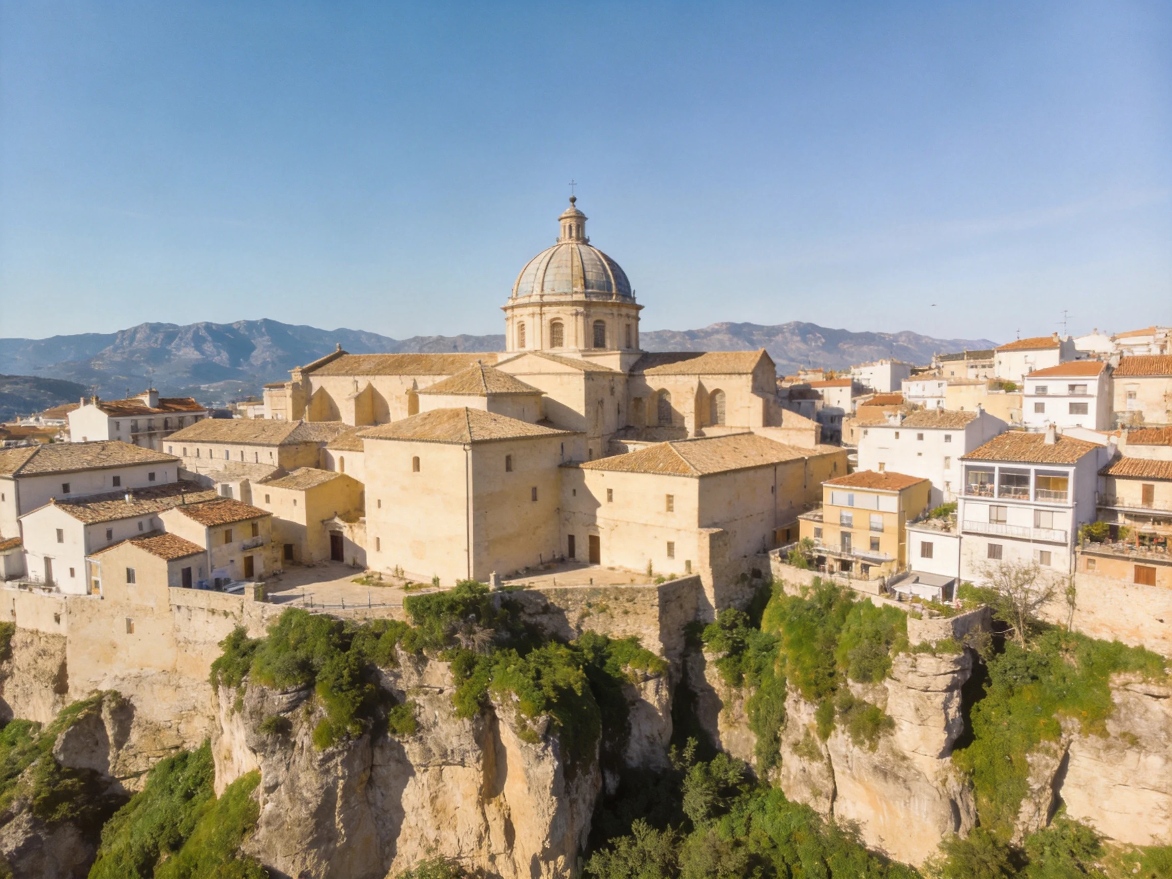 A historic cathedral with a domed roof atop a cliffside town