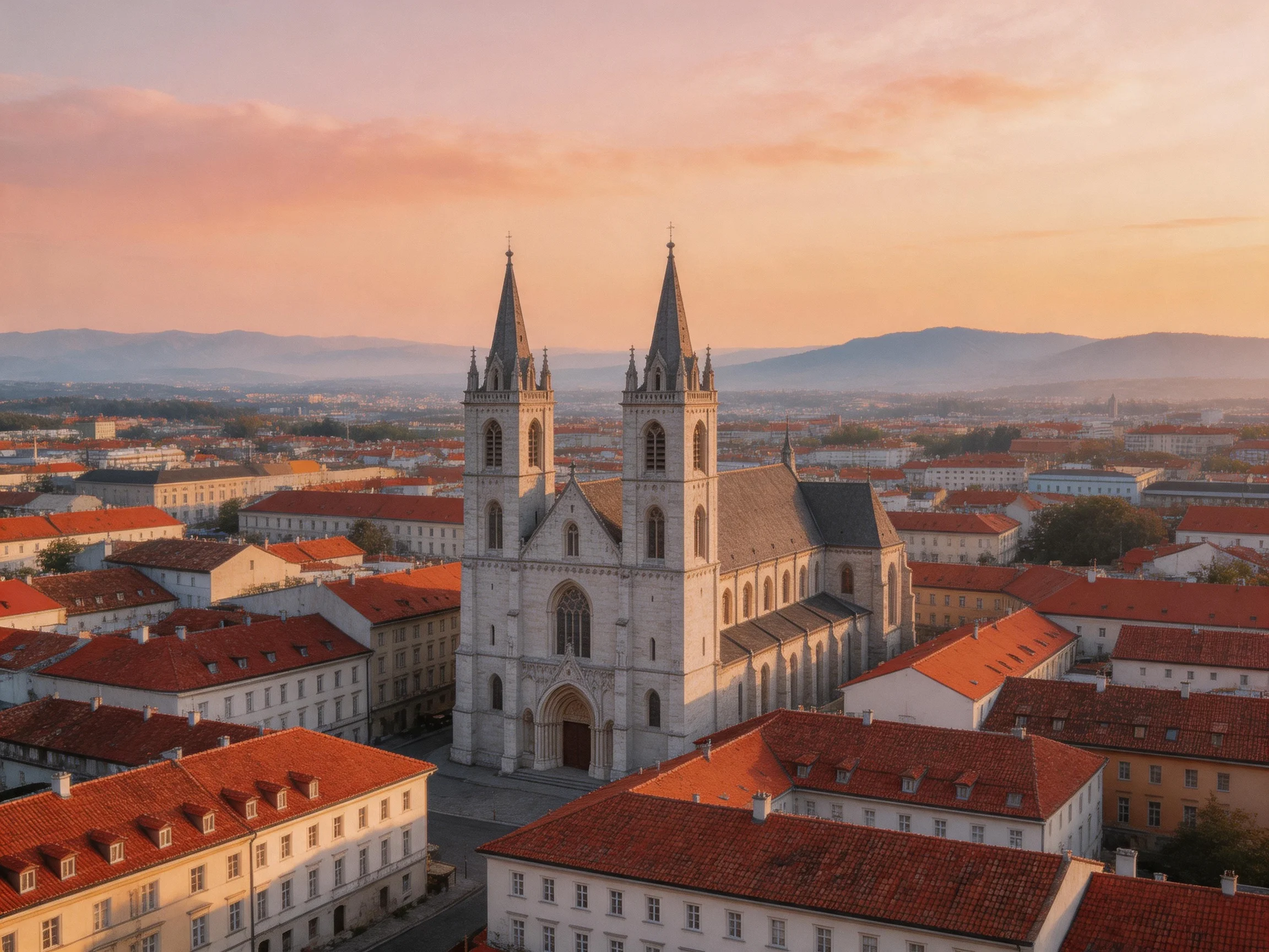 A historic cathedral with twin spires amid red-tiled rooftops under a pink sunset sky