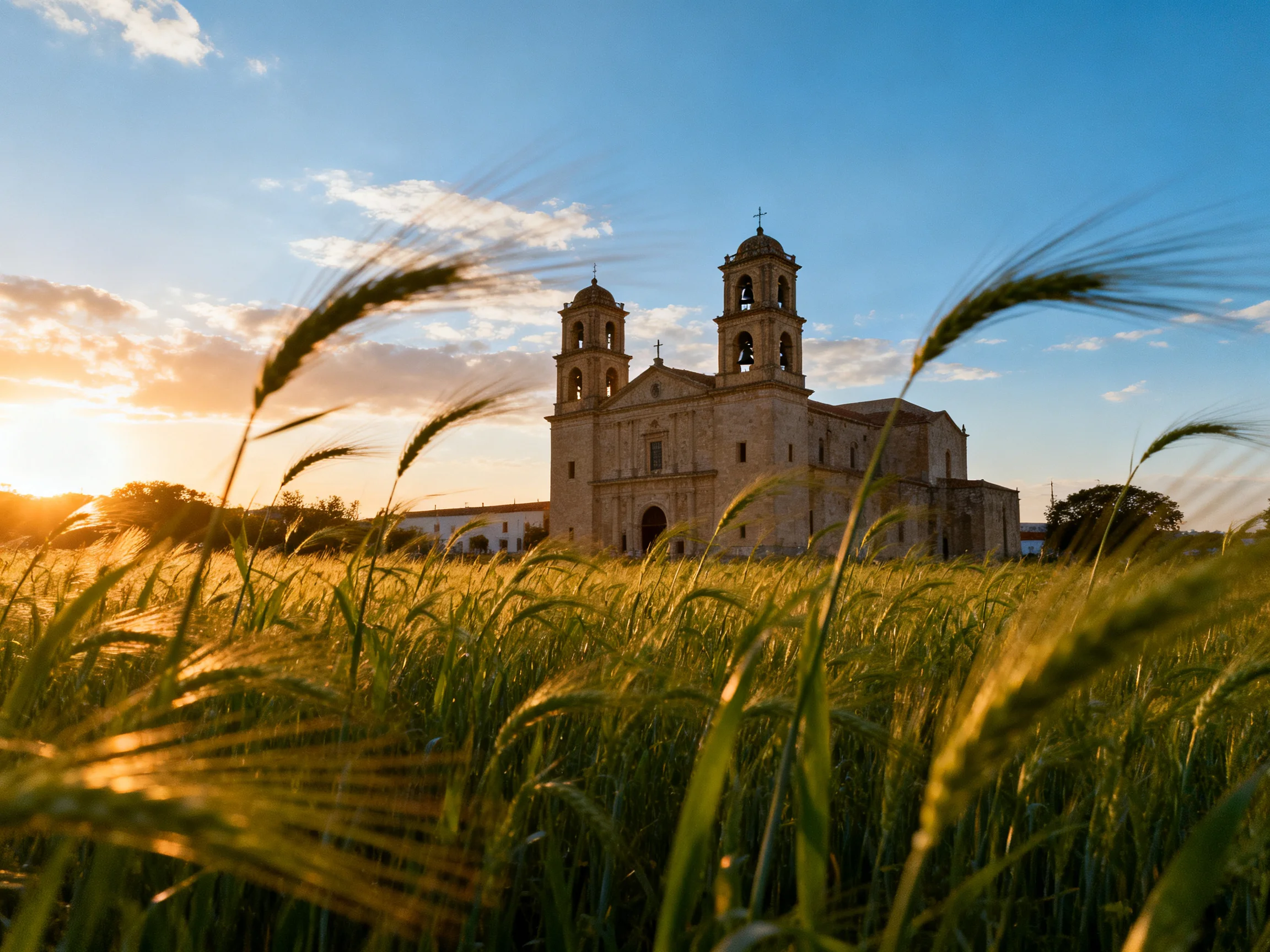 A historic church amid golden wheat fields at sunset