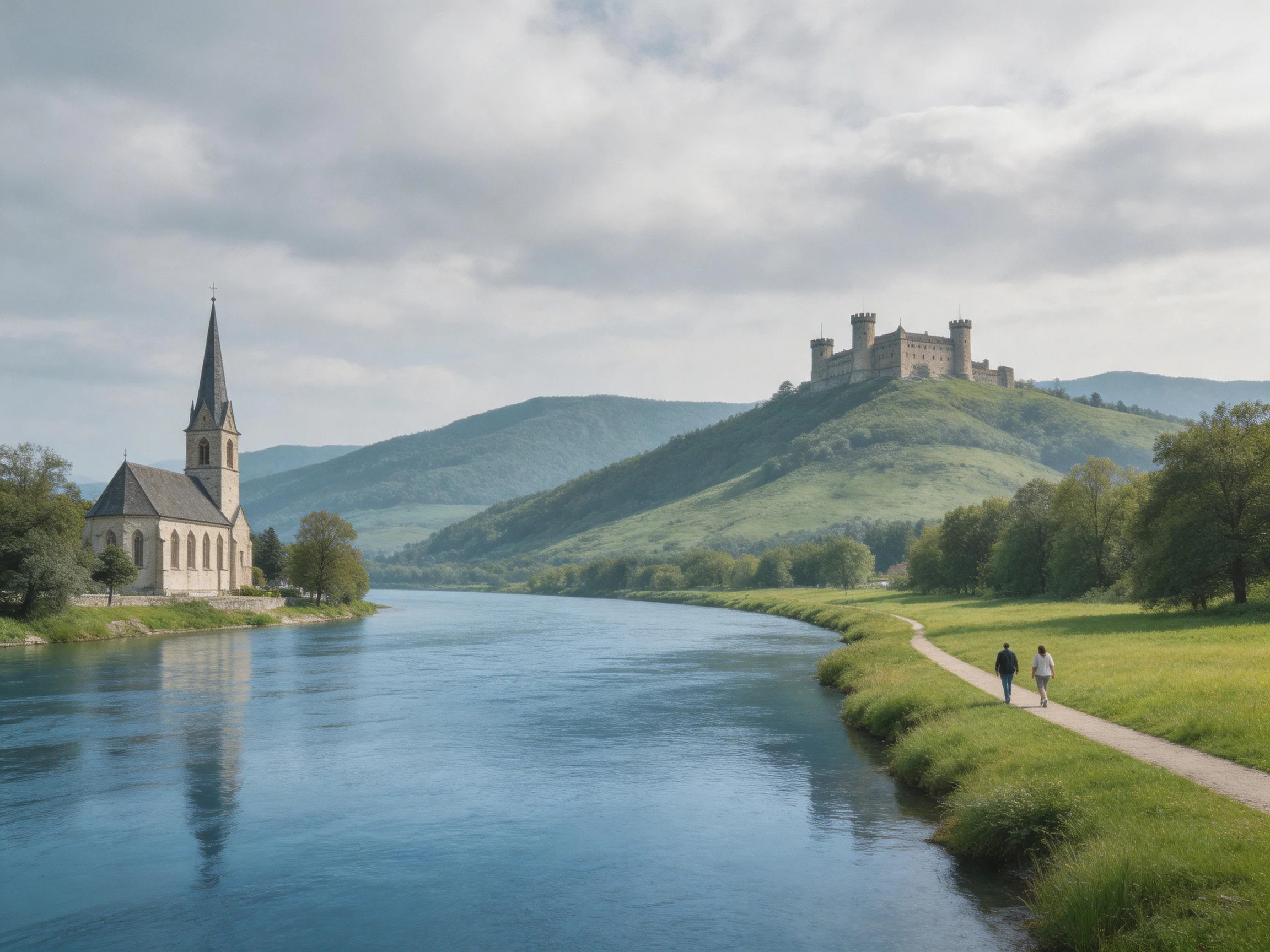 A historic church and castle overlook a calm blue river near rolling green hills